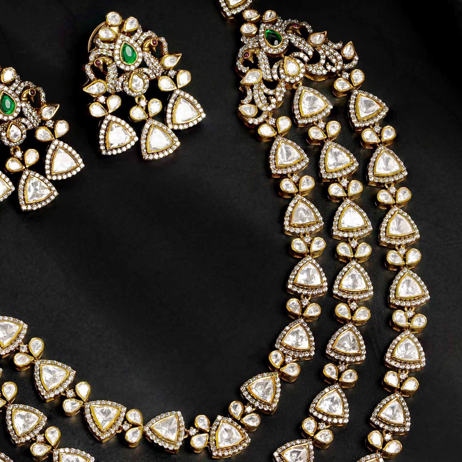 92.5 Silver 3 Layer Moissanite Kundan Stone Necklace with Earrings Ivanah Silver