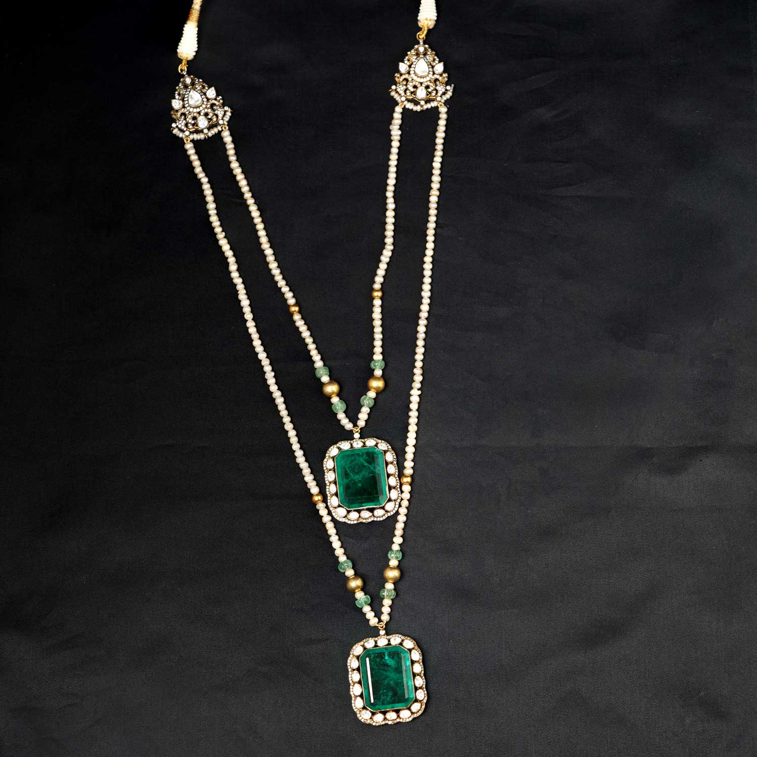 Exquisite Pearl Long Necklace with Emerald Pendent 92.5 Sterling Silver Ivanah Silver