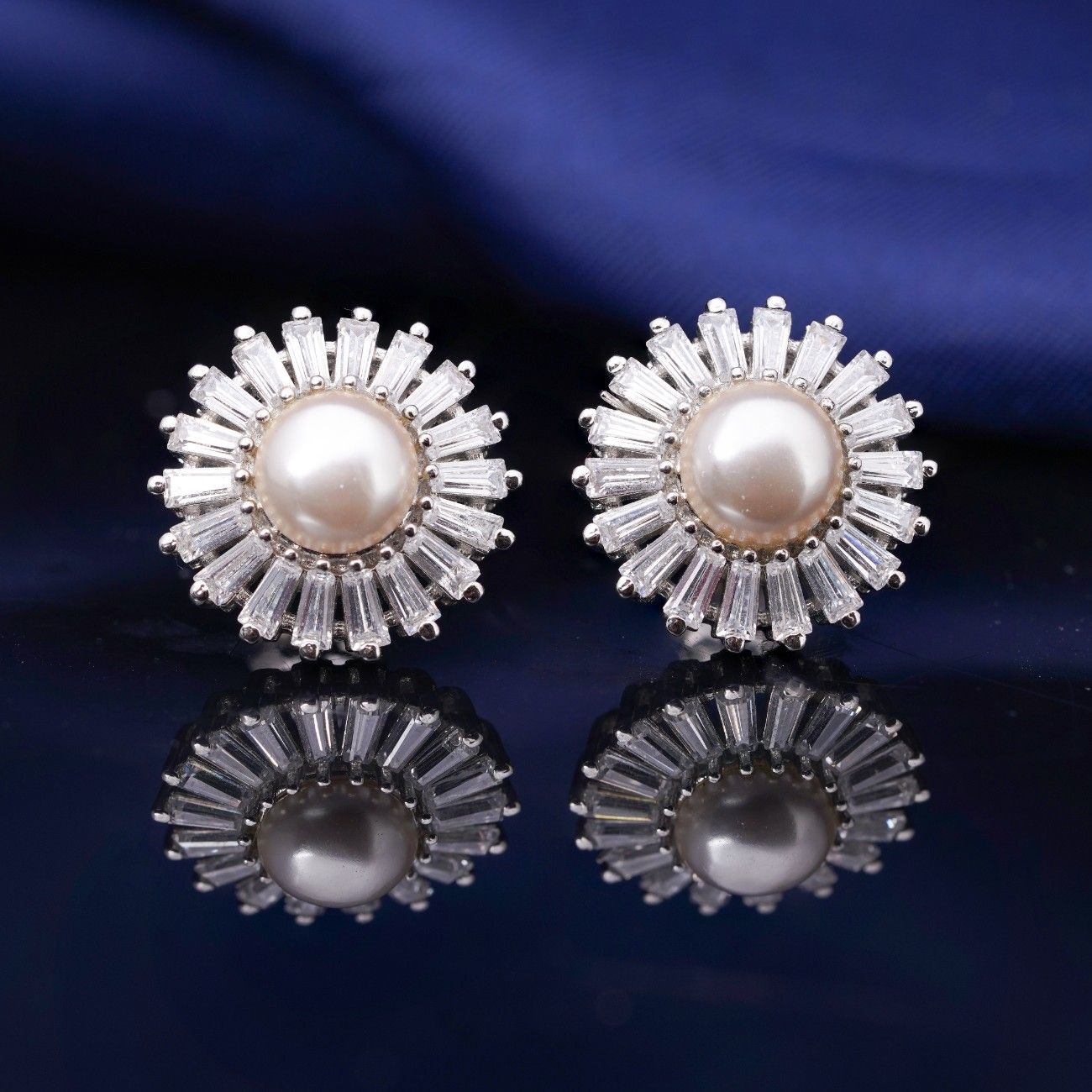 92.5 Silver Elegant Crystal Floral Earrings- Highlighting Misty Pearl & Moissanite Stone Ivanah Silver