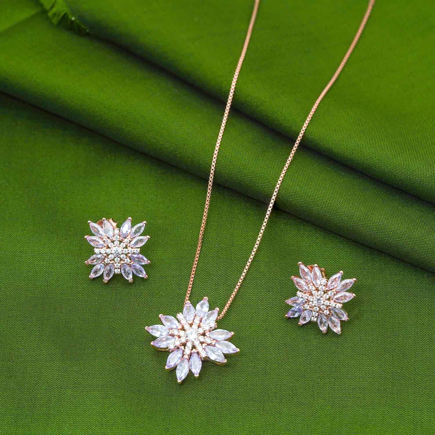 Timeless Dew Floral Stud with Pendent Chain Rose Gold Polish With 92.5 Sterling Silver Ivanah Silver