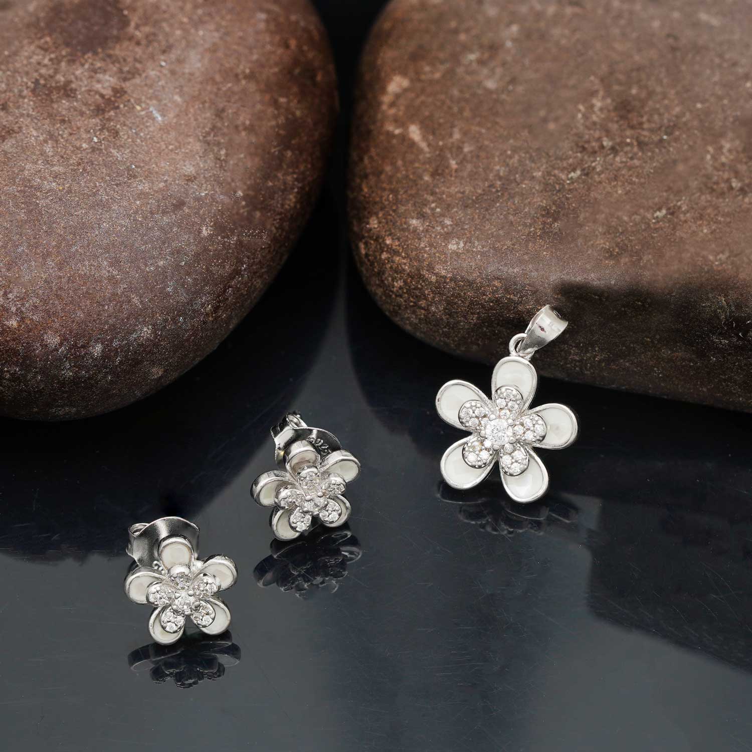 92.5 Silver Floral Design Dual Tone Pendant Set with Zircon Stone Earrings Ivanah Silver