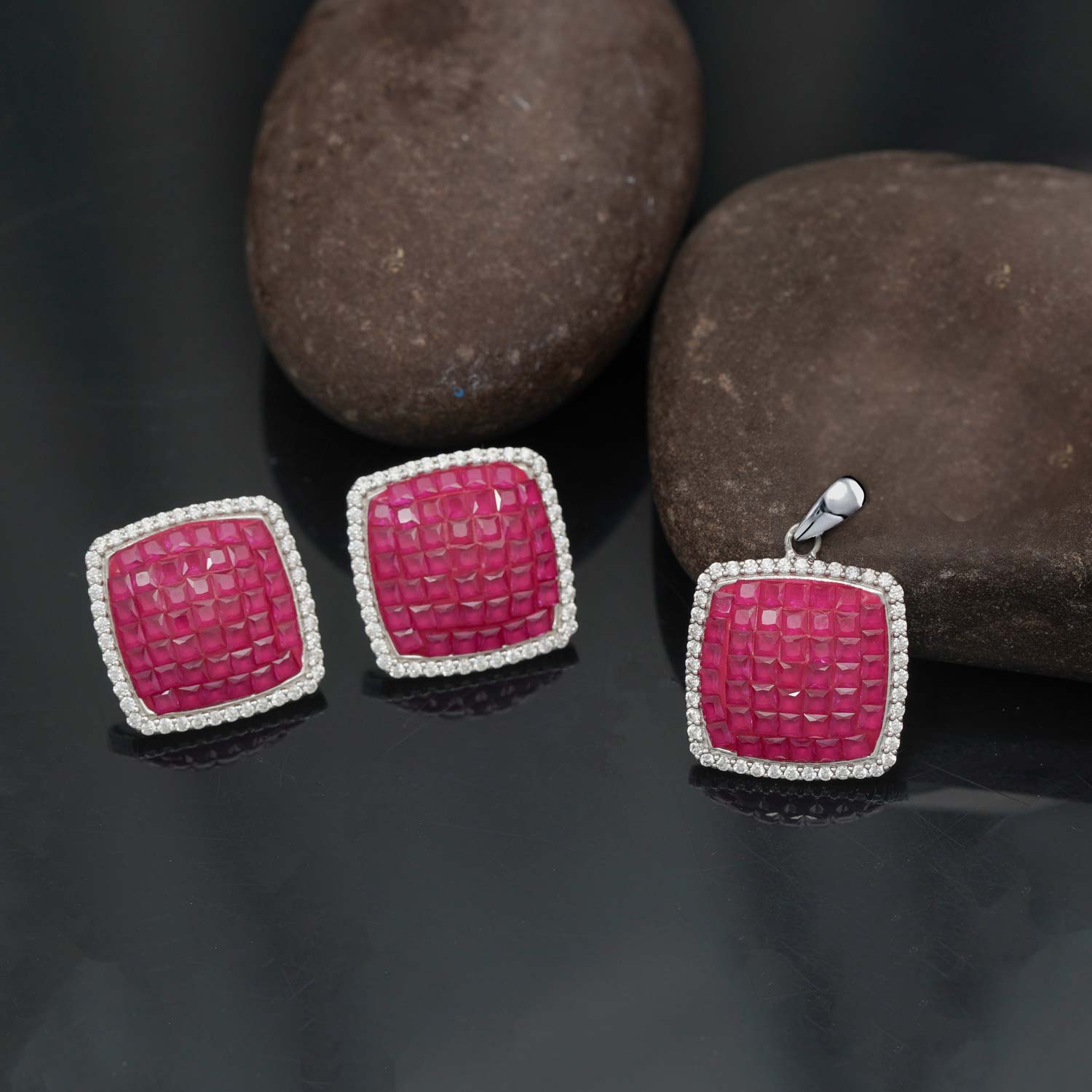 Charming 92.5 Silver Curve Edged Square Pendant Set with Semi - Precious Stone Ivanah Silver
