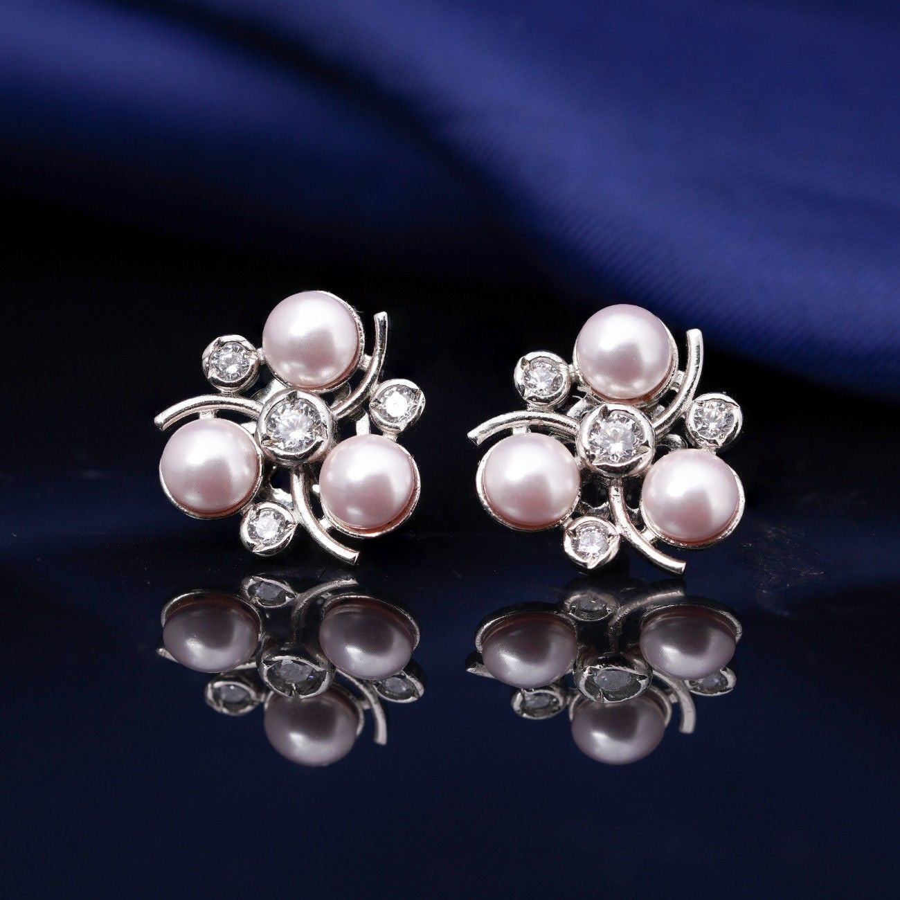 92.5 Silver Triad Charm Earrings -Adorned with Zircon & Pearl Ivanah Silver