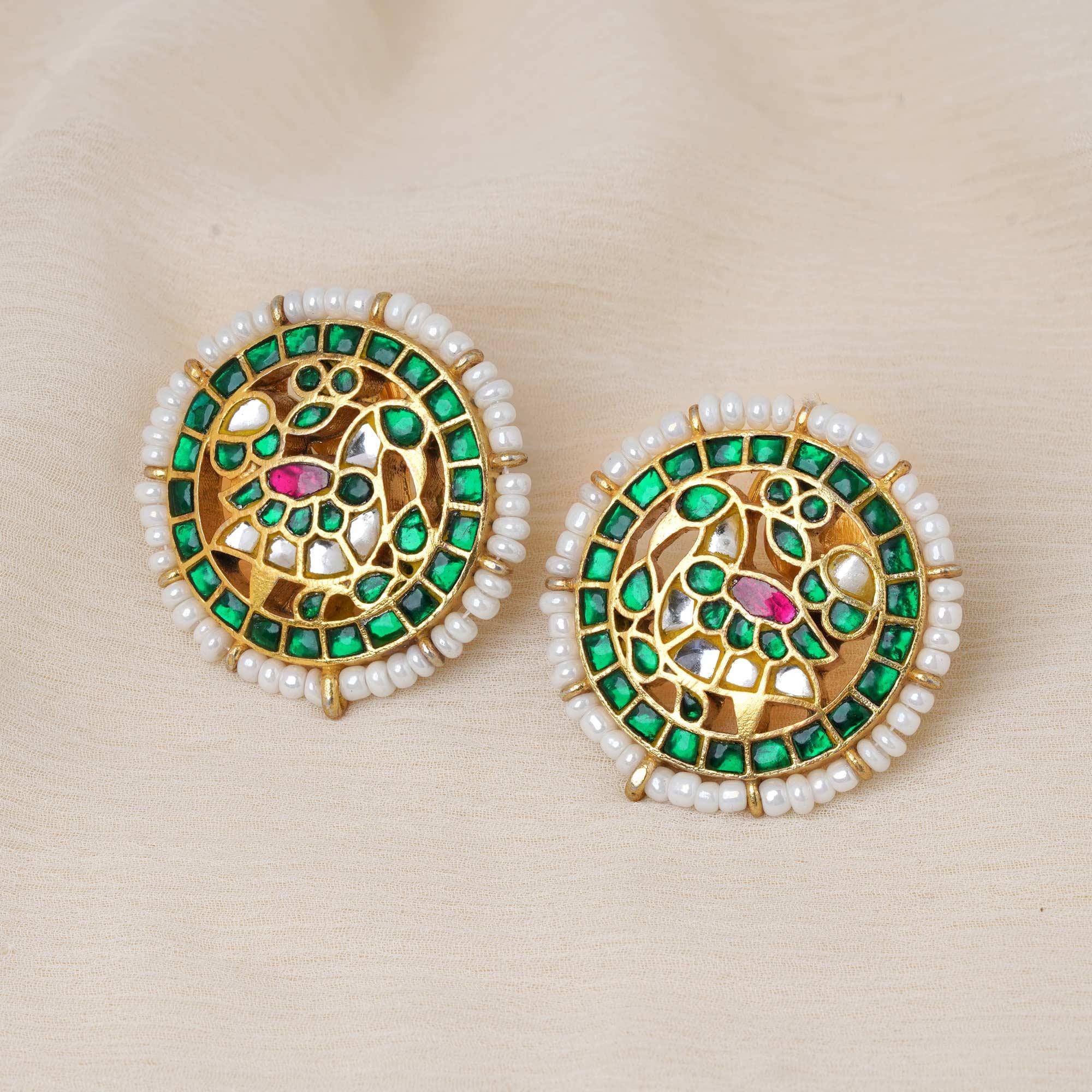 925 Silver Gold Plated Peacock Kundan Stud - Ivanah Silver