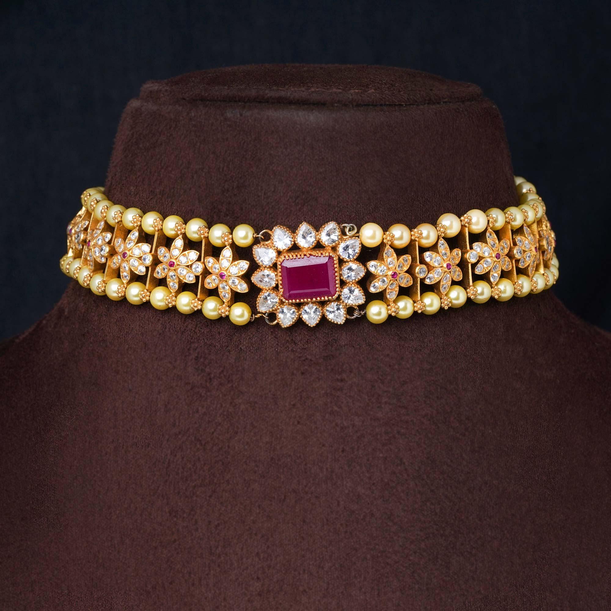 925 Silver Gold Plated Ruby Pearl Choker - Ivanah Silver