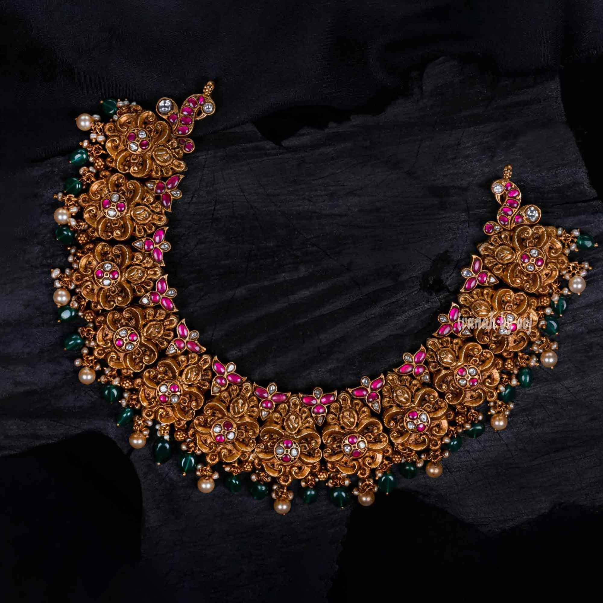 Gold Polish Antique Kundan Short Necklace - Ivanah Silver