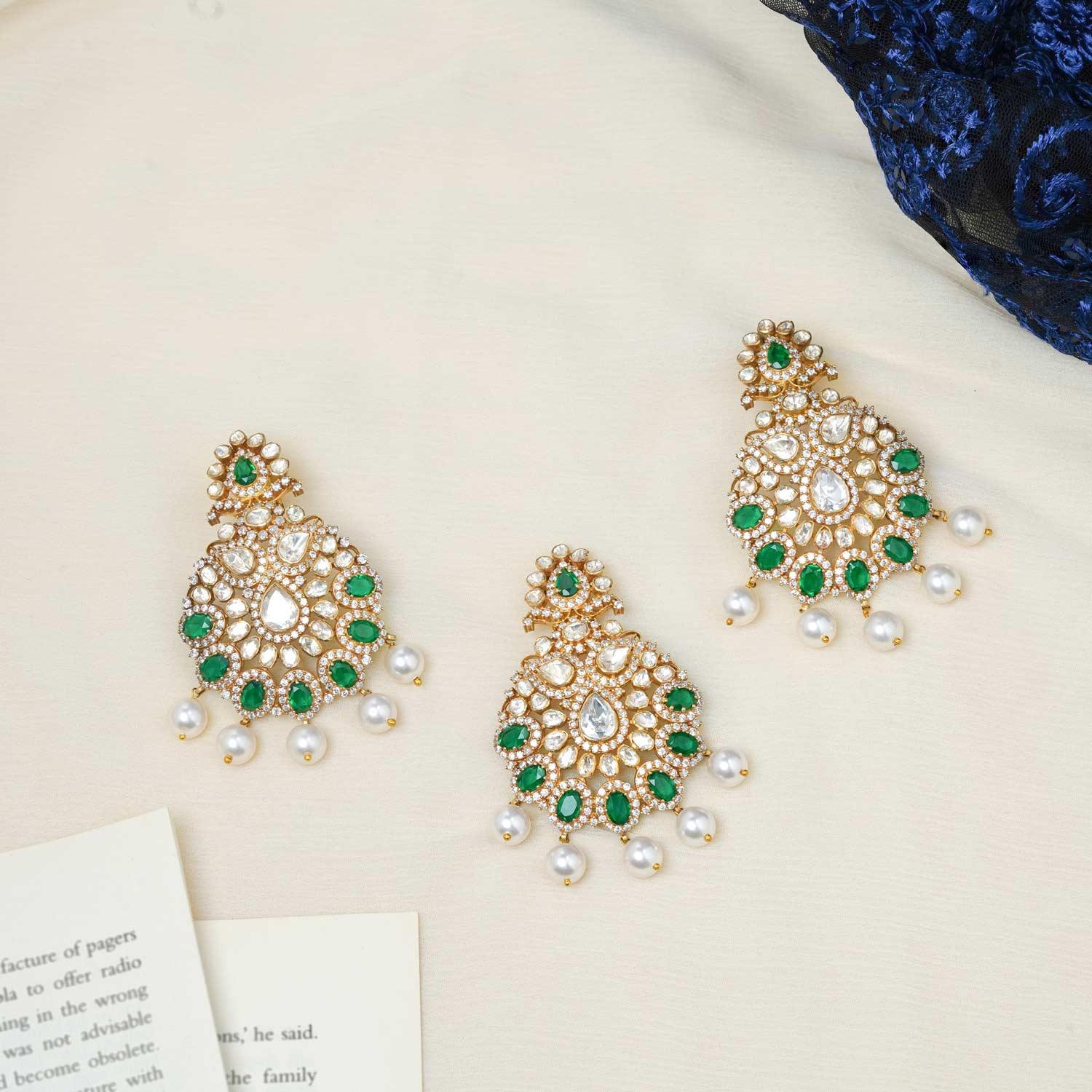 Mahira Emerald Green Designer Chandbalis and Pendant - Ivanah Silver