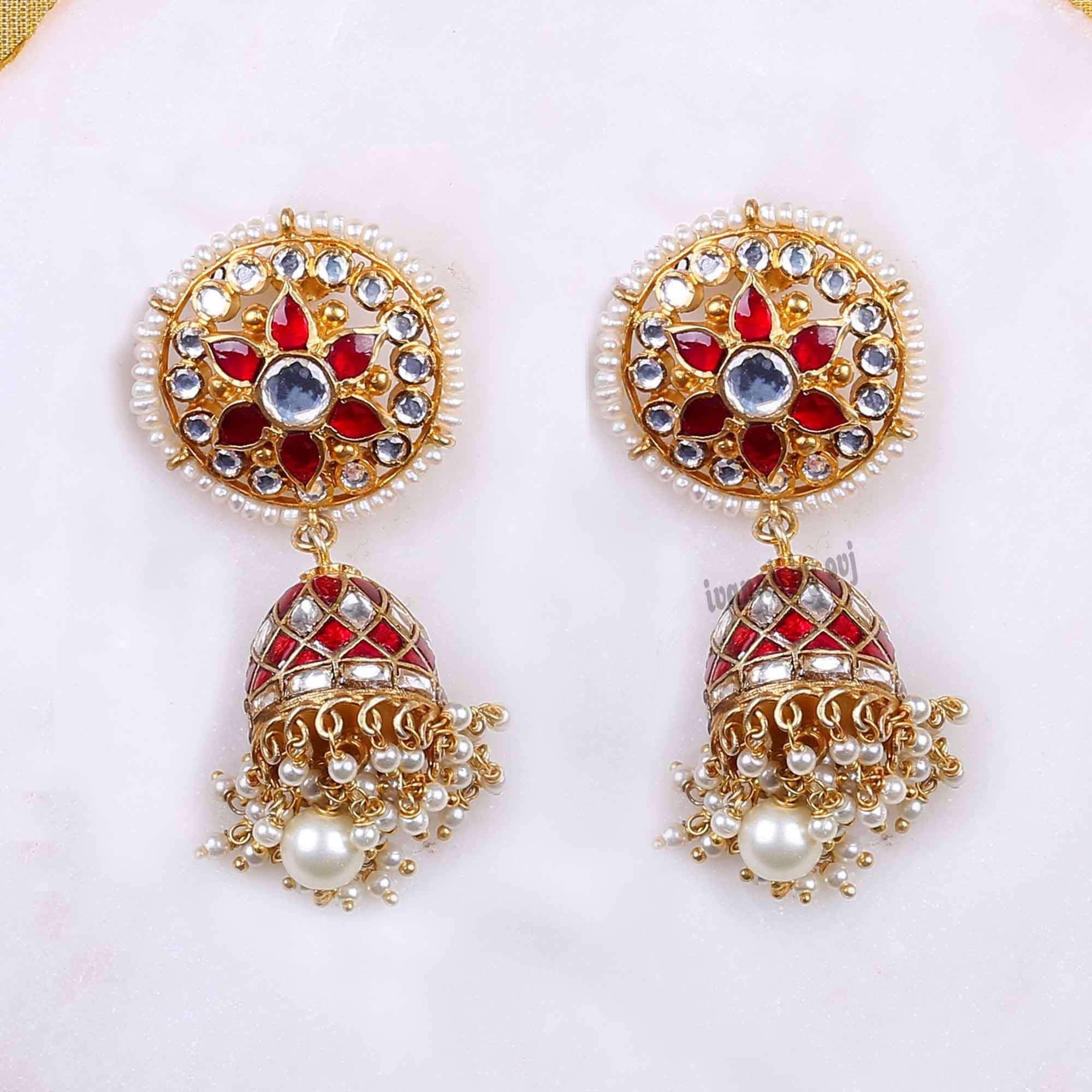 Gold Polish kundan jhummkas - Ivanah Silver