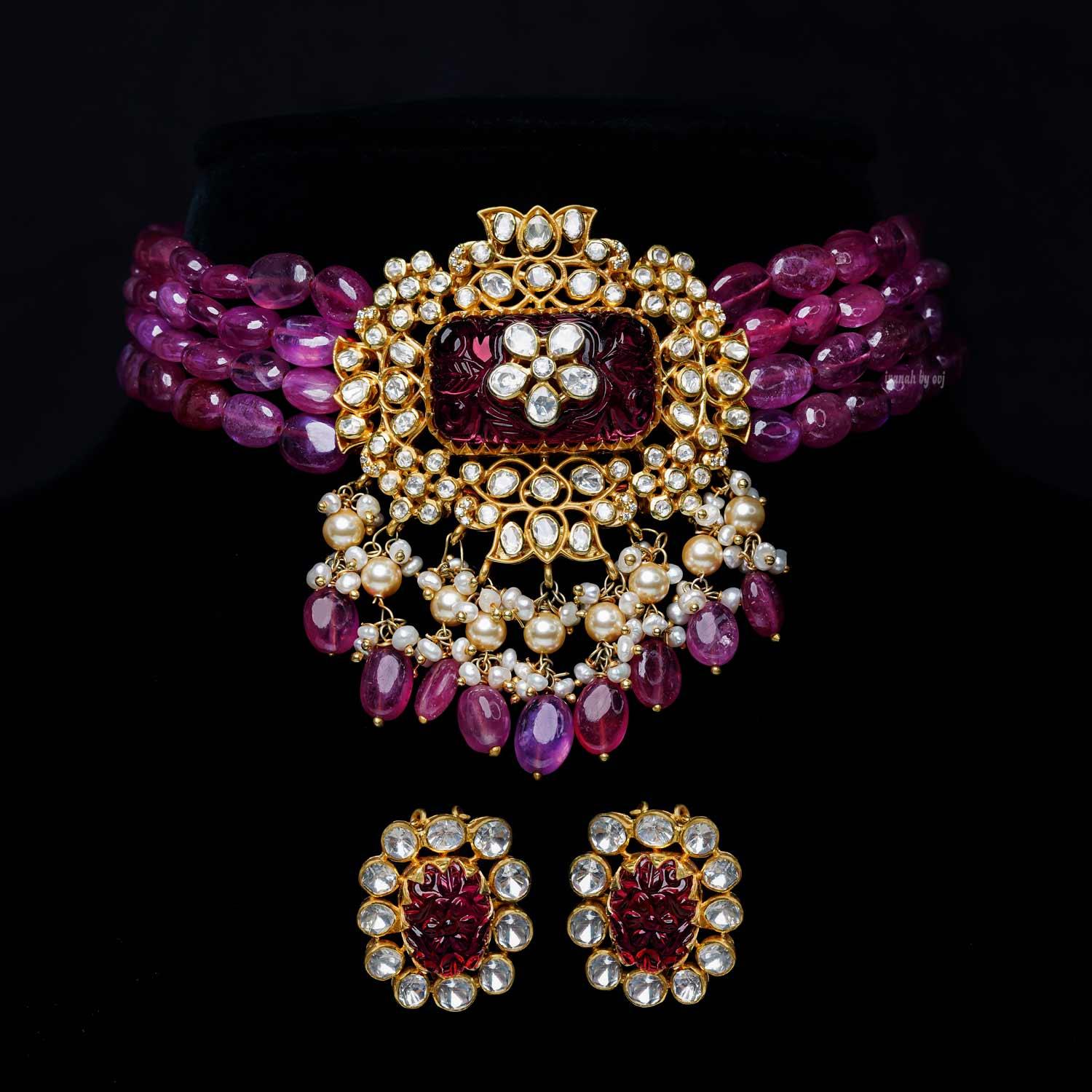 Ruby Moissanite Choker With Earrings - Ivanah Silver