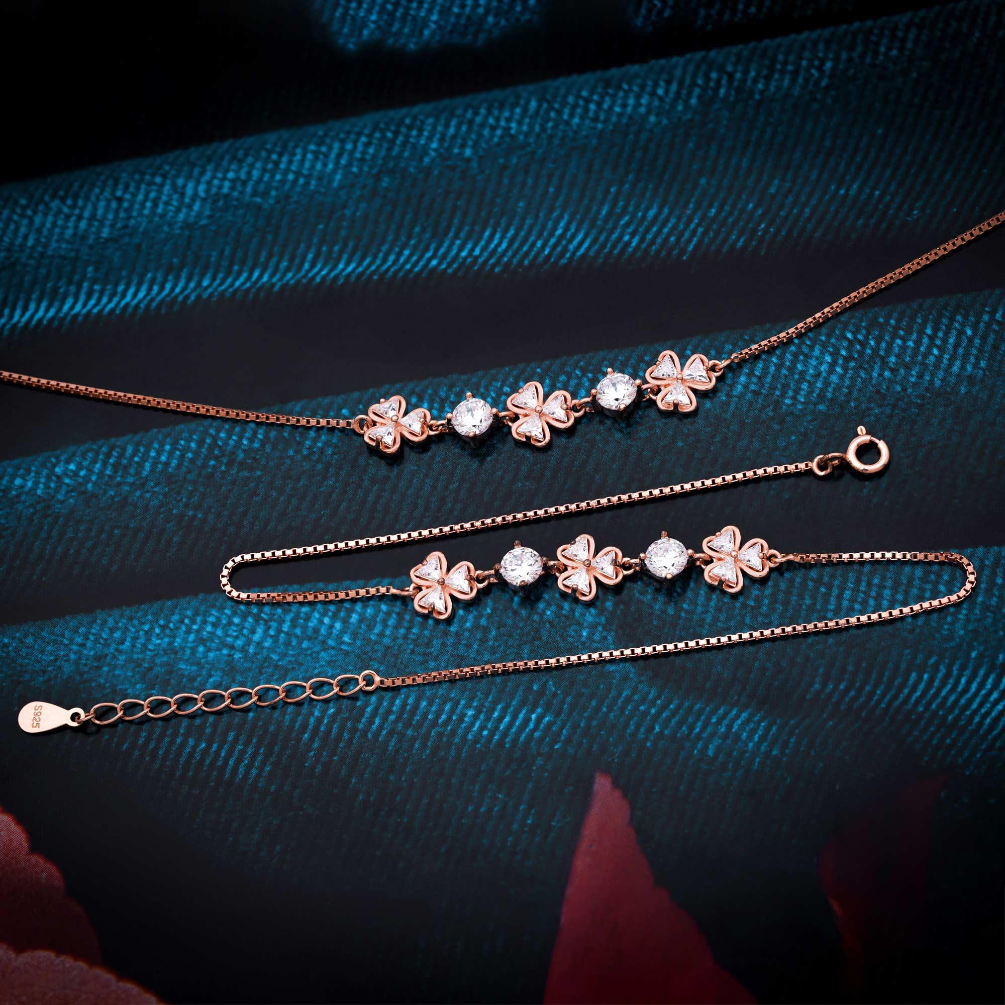 Glittery Zircon Stone 92.5 Rose Gold Polish Mini Flowers Anklet - Ivanah Silver