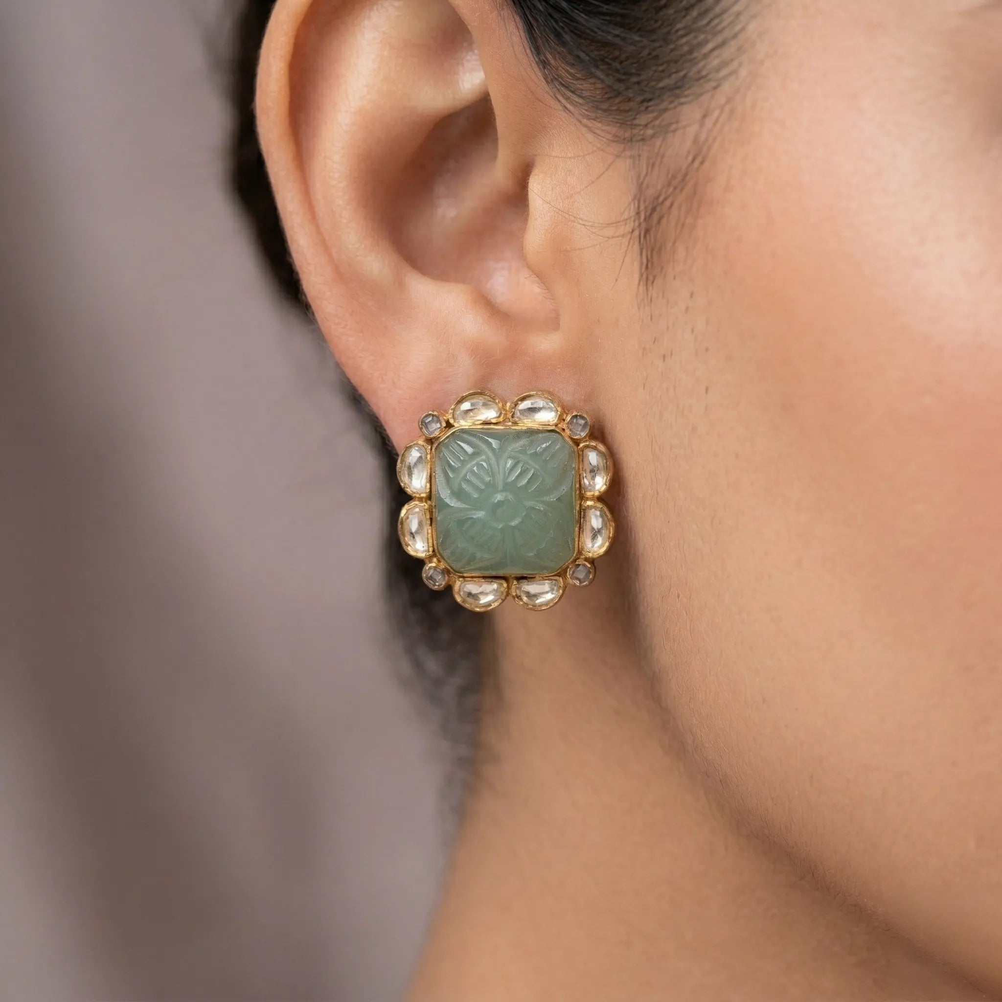 92.5 Silver Gold-Plated Carved Green Stone Stud Ivanah Silver