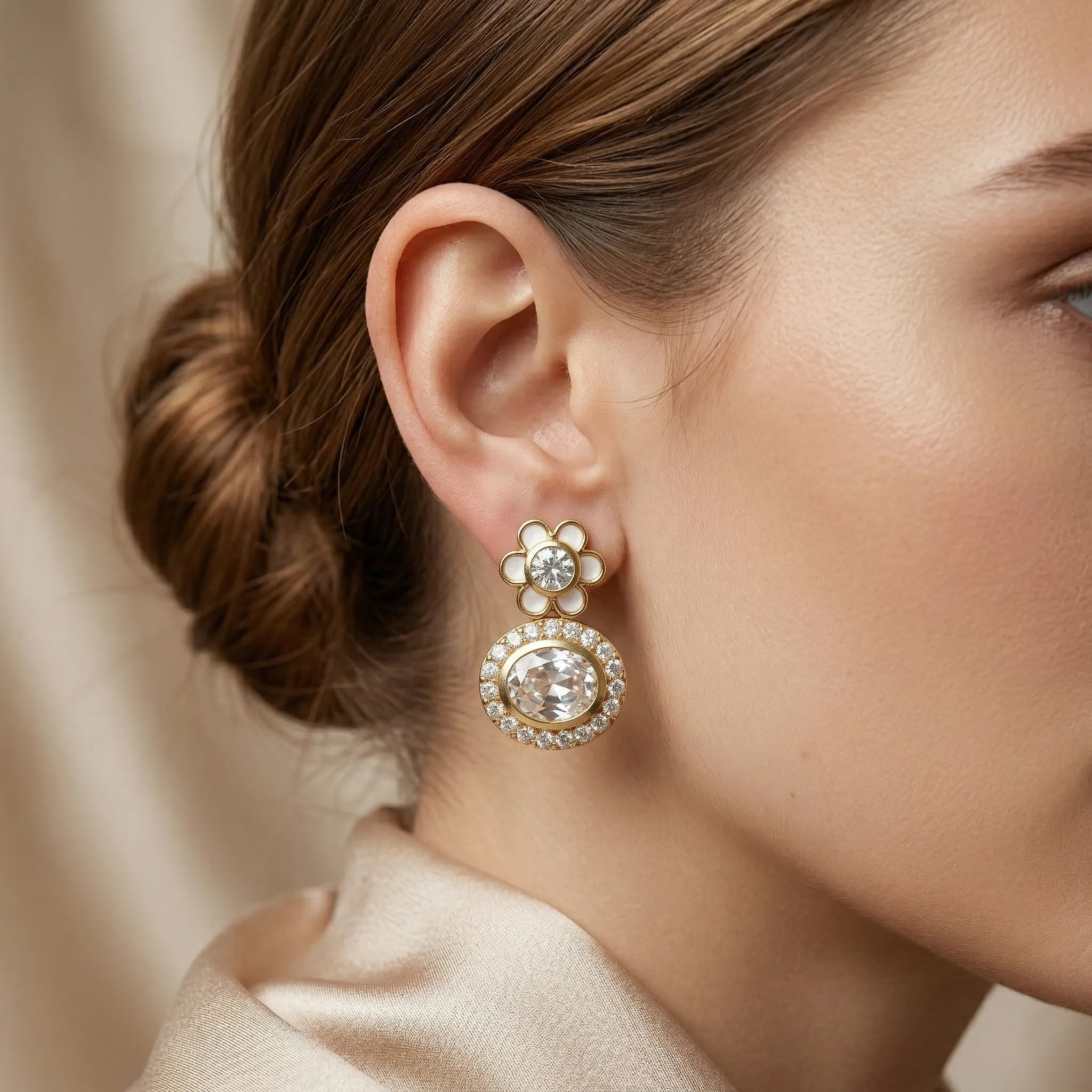 Gold-Plated 92.5 Silver Floral Crystal Halo Drop Stud Ivanah Silver