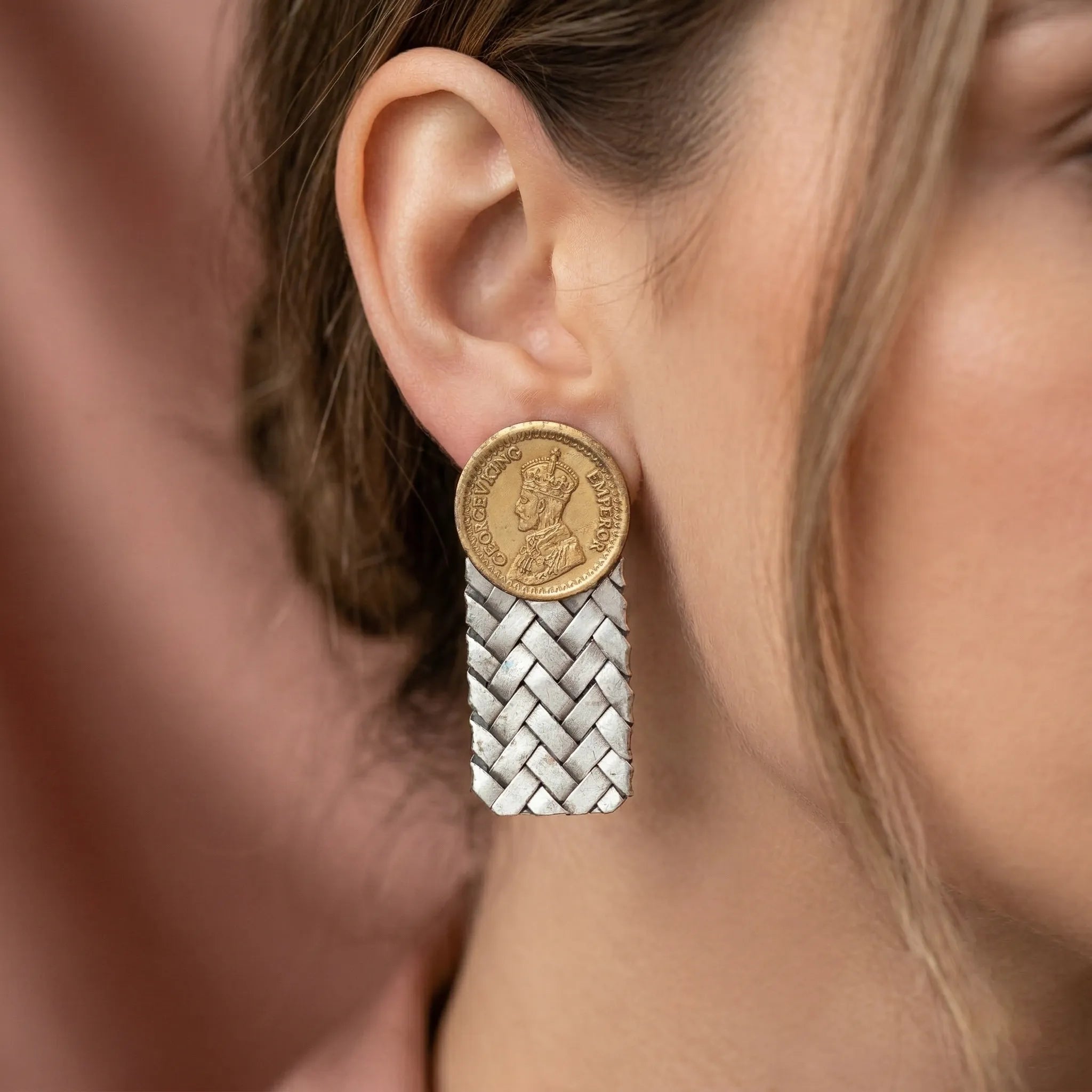 Two-Tone 92.5 Silver Vintage Coin & Woven Drop Stud Ivanah Silver
