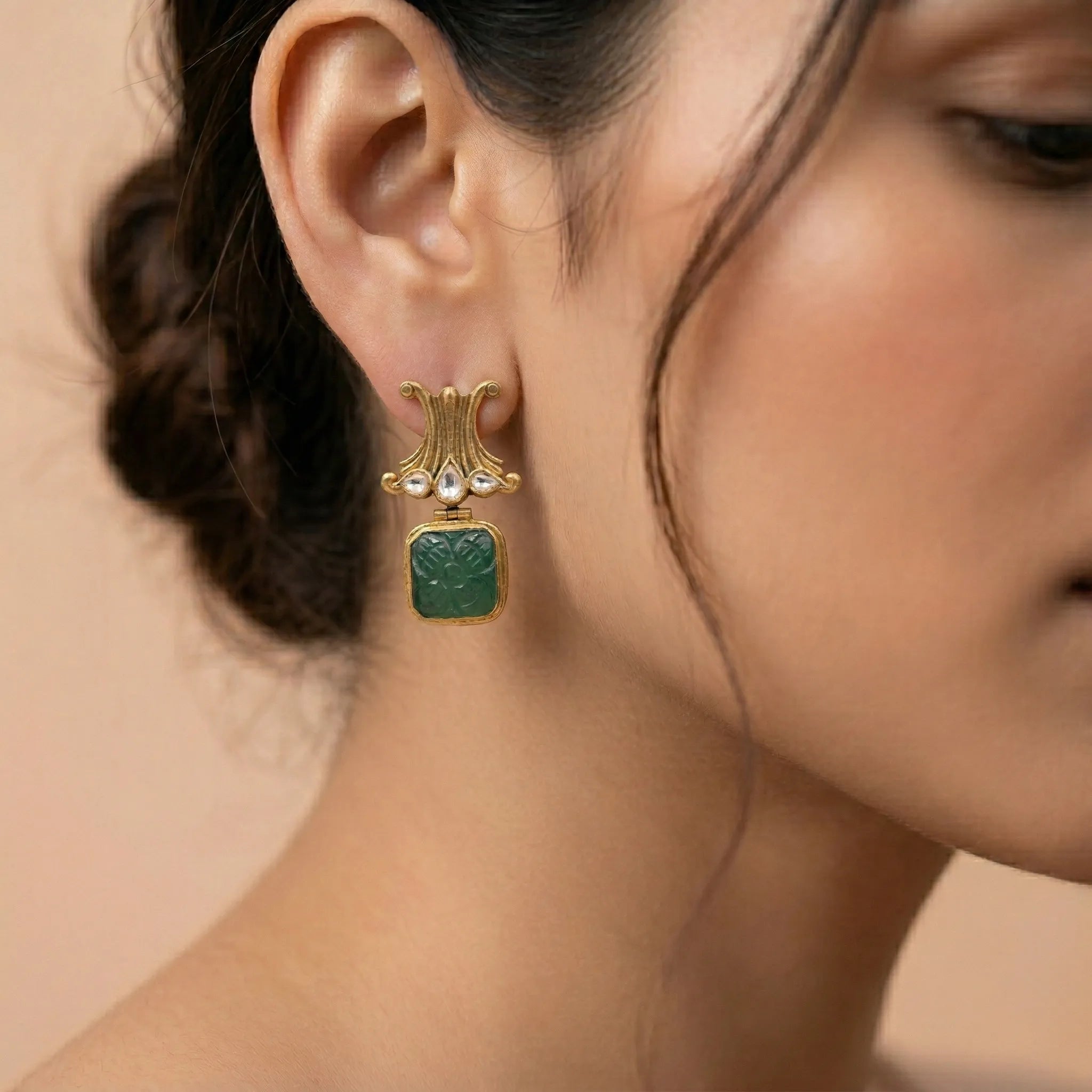 92.5 Silver Gold-Plated Carved Green Stone Drop Dangler Ivanah Silver