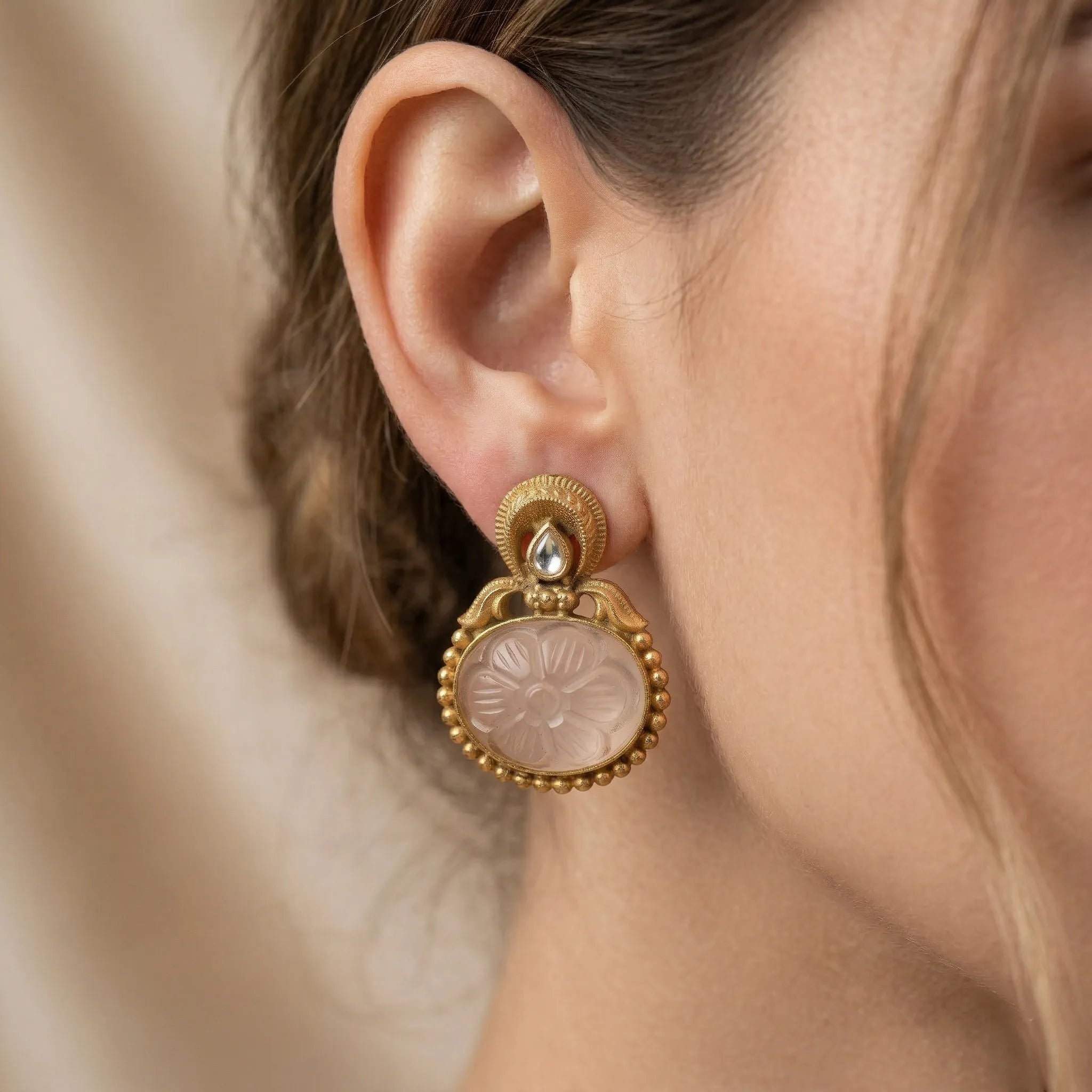 92.5 Silver Gold-Plated Carved Blush Floral Studs Ivanah Silver