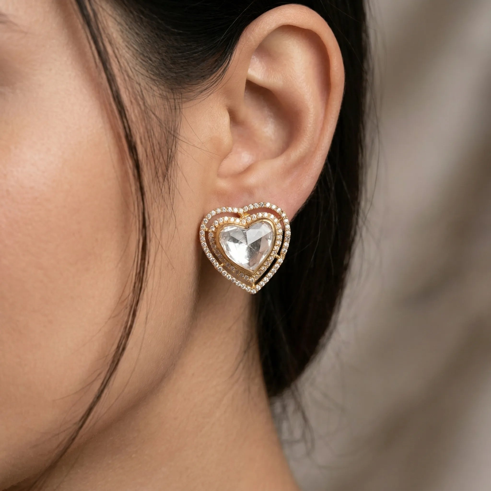 Gold Double Halo Heart Statement Earrings Ivanah Silver