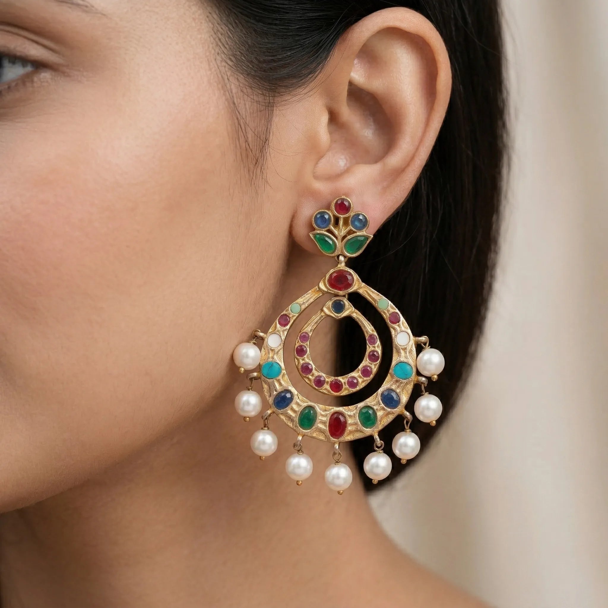 92.5 Gold Platwsd Multicolor Gemstone & Pearl Chandbali Earring Ivanah Silver
