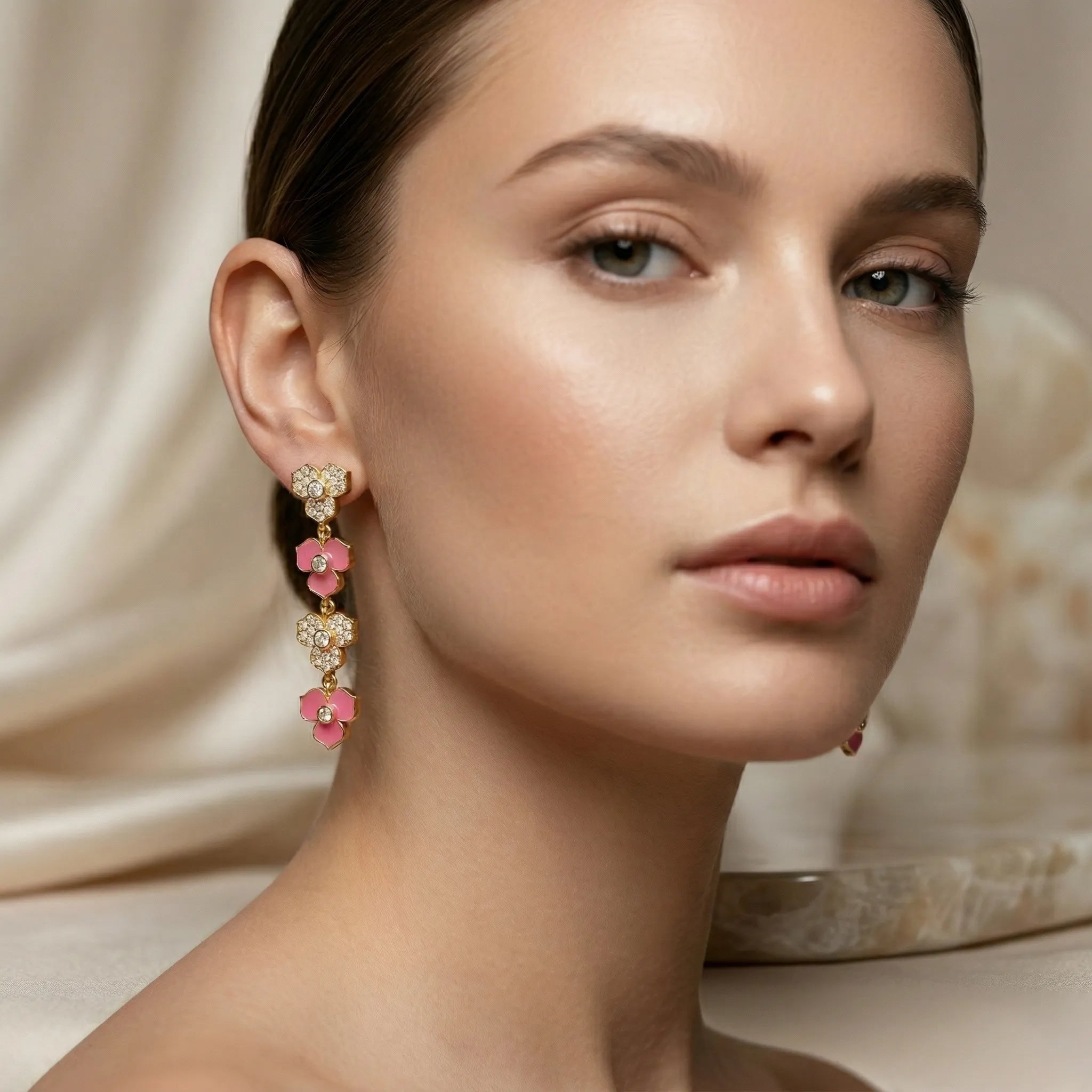 Gold-Plated 92.5 Silver Pink Floral Drop Ivanah Silver