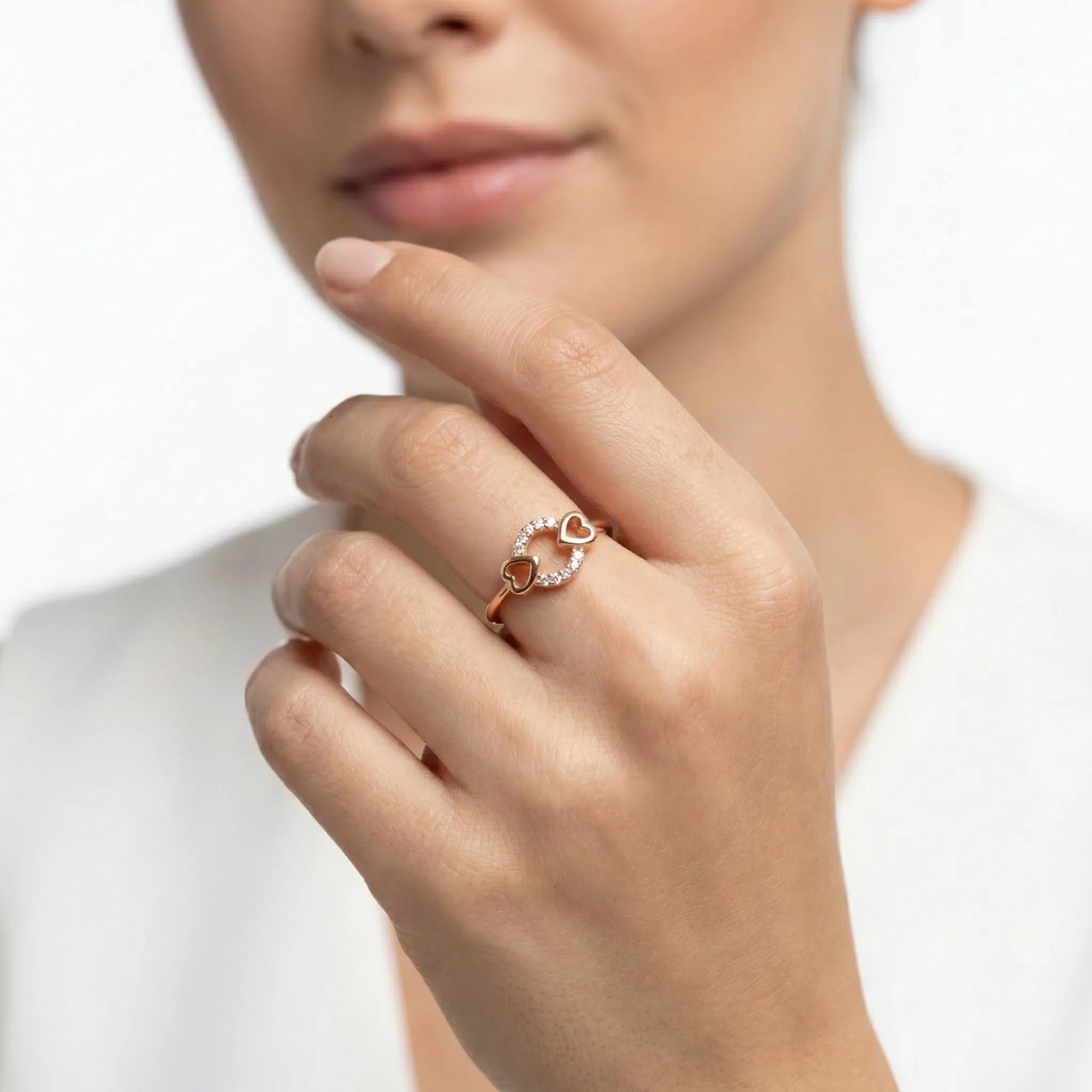 92.5 Silver Rose Gold Plated Dainty Heart and Pave Circle Ring Ivanah Silver