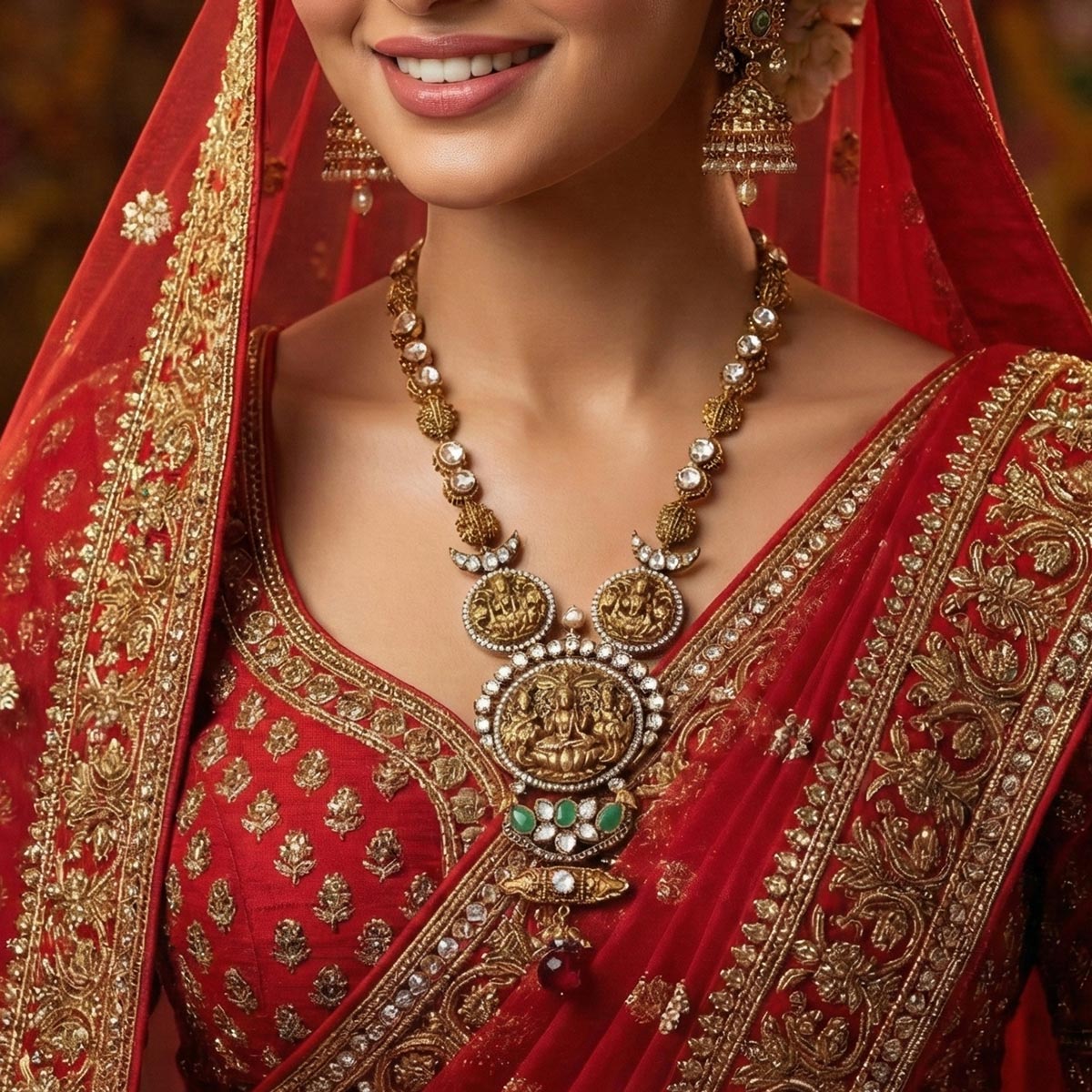 92.5 Silver Gold Plated Long Necklace - Lakshmi Pendant with White Stones Ivanah Silver