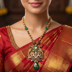 92.5 Silver Gold Plated Antique Twin Peacock Necklace with Green Beads Ivanah Silver
