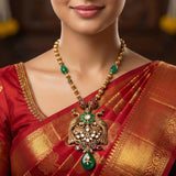 92.5 Silver Gold Plated Antique Twin Peacock Necklace with Green Beads Ivanah Silver