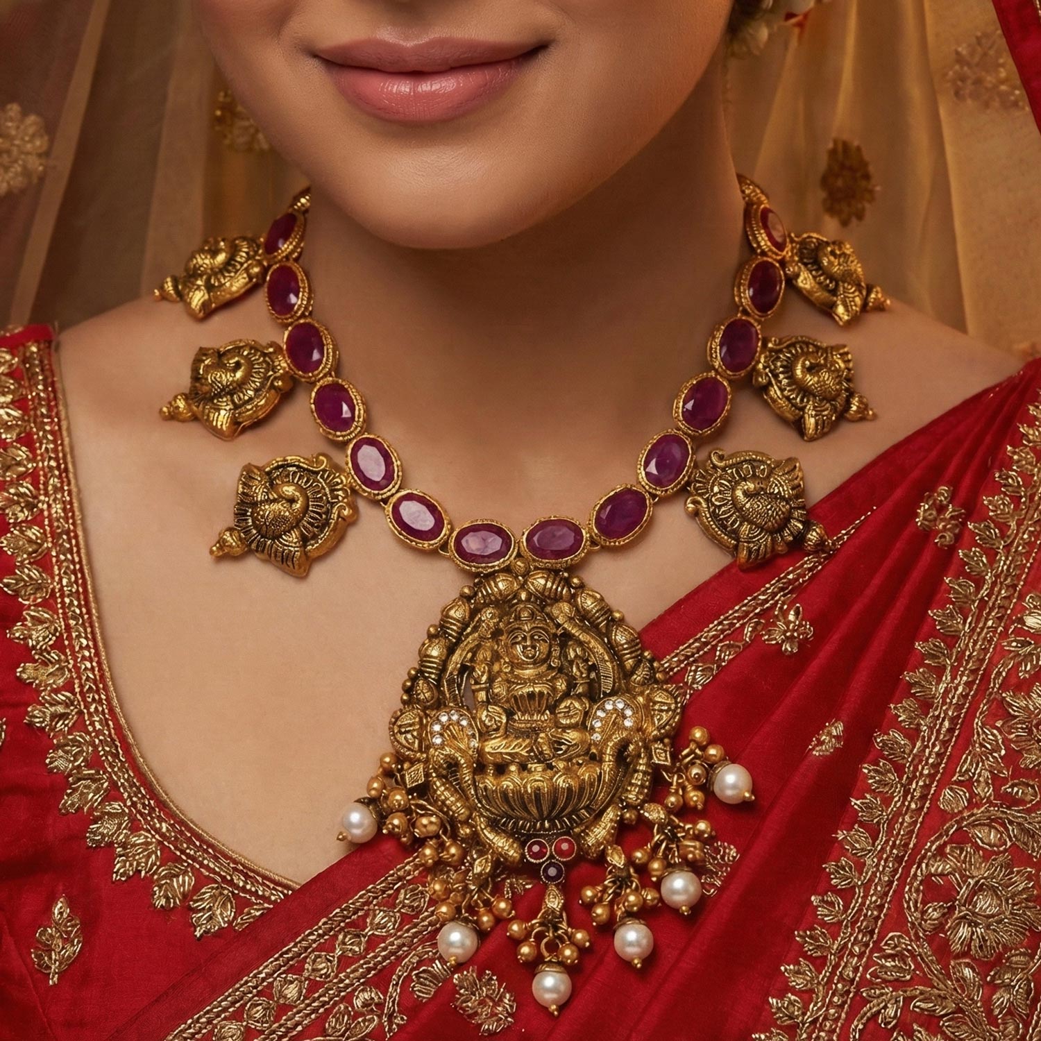 92.5 Silver Gold Plated Antique Ruby Kemp Necklace with Lakshmi Pendant & Mango Motifs Ivanah Silver