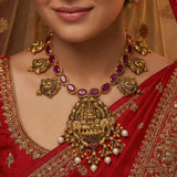 92.5 Silver Gold Plated Antique Ruby Kemp Necklace with Lakshmi Pendant & Mango Motifs Ivanah Silver