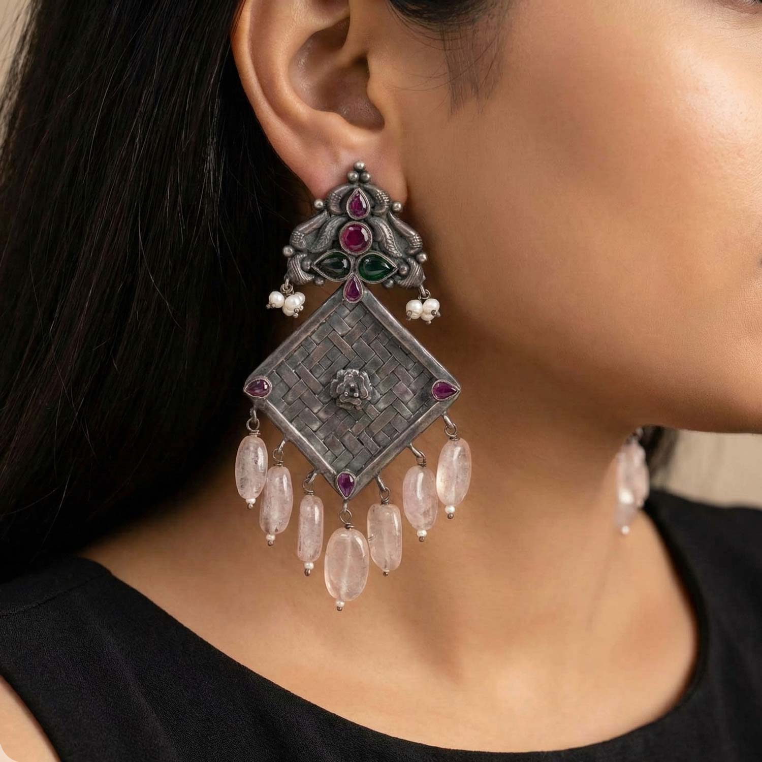 92.5 Silver Oxidised Square Dangler Ivanah Silver