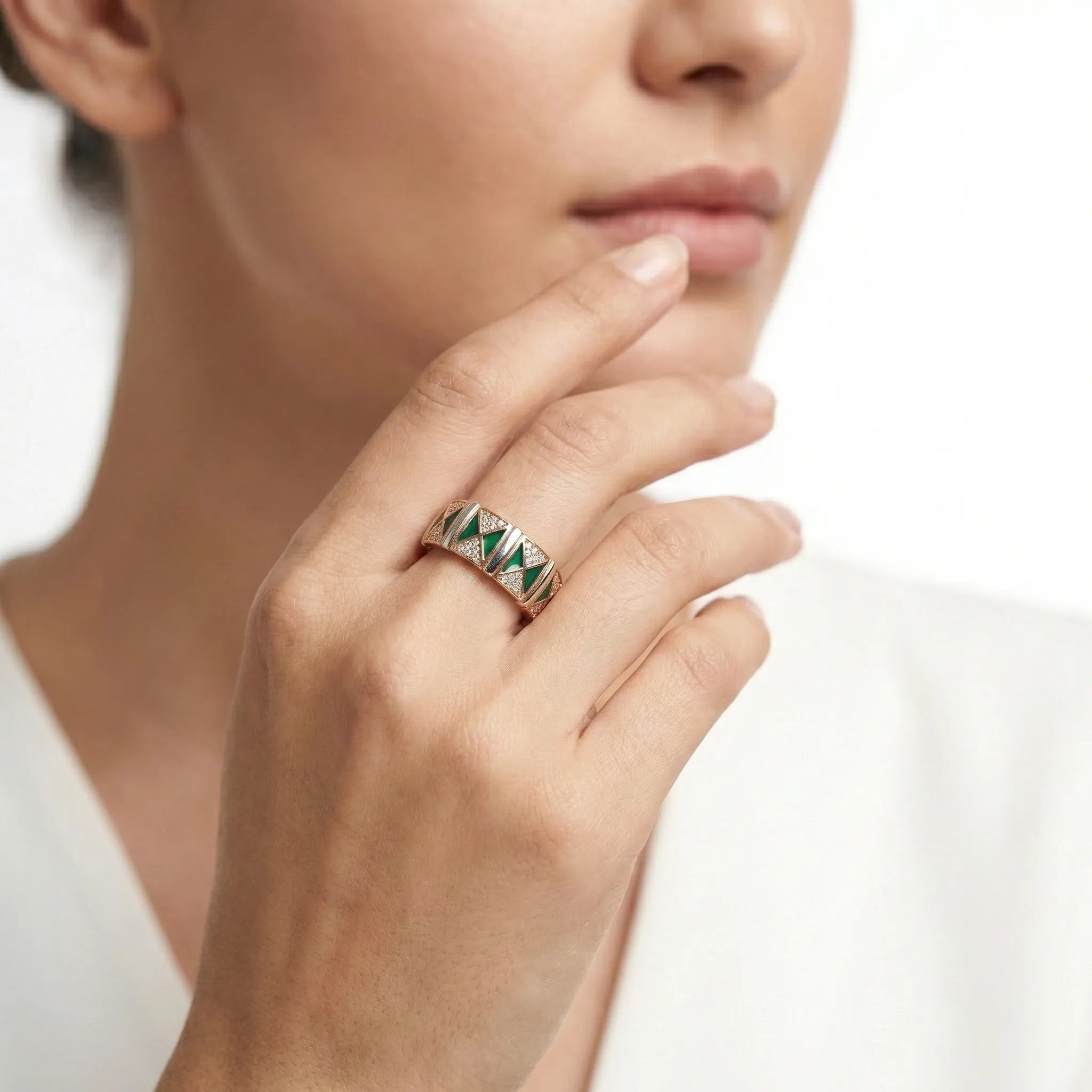 92.5 Silver in Rose Gold Finish with Green Triangles & Crystal Accents Ivanah Silver