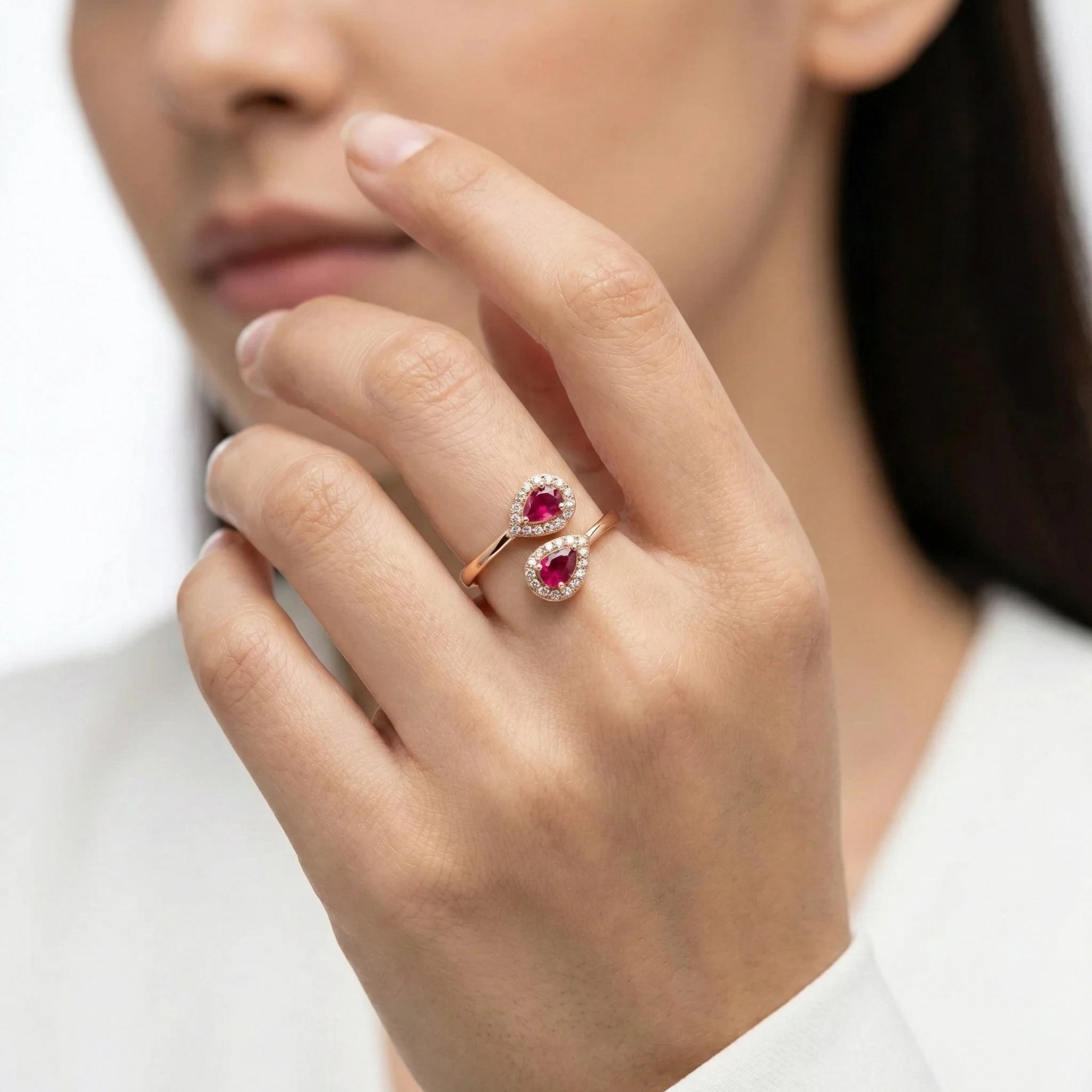 92.5 Silver Rose Gold Ruby Red Double Pear Halo Ring Ivanah Silver