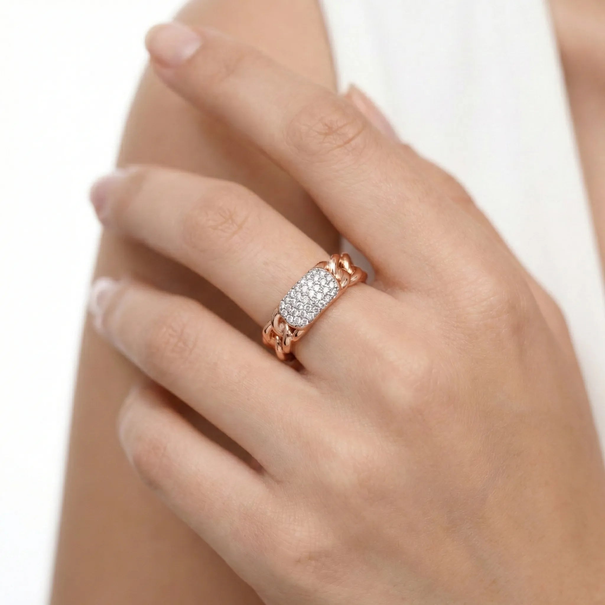 92.5 Silver Cuban Link Ring with Pave Crystal Plate Ring Ivanah Silver