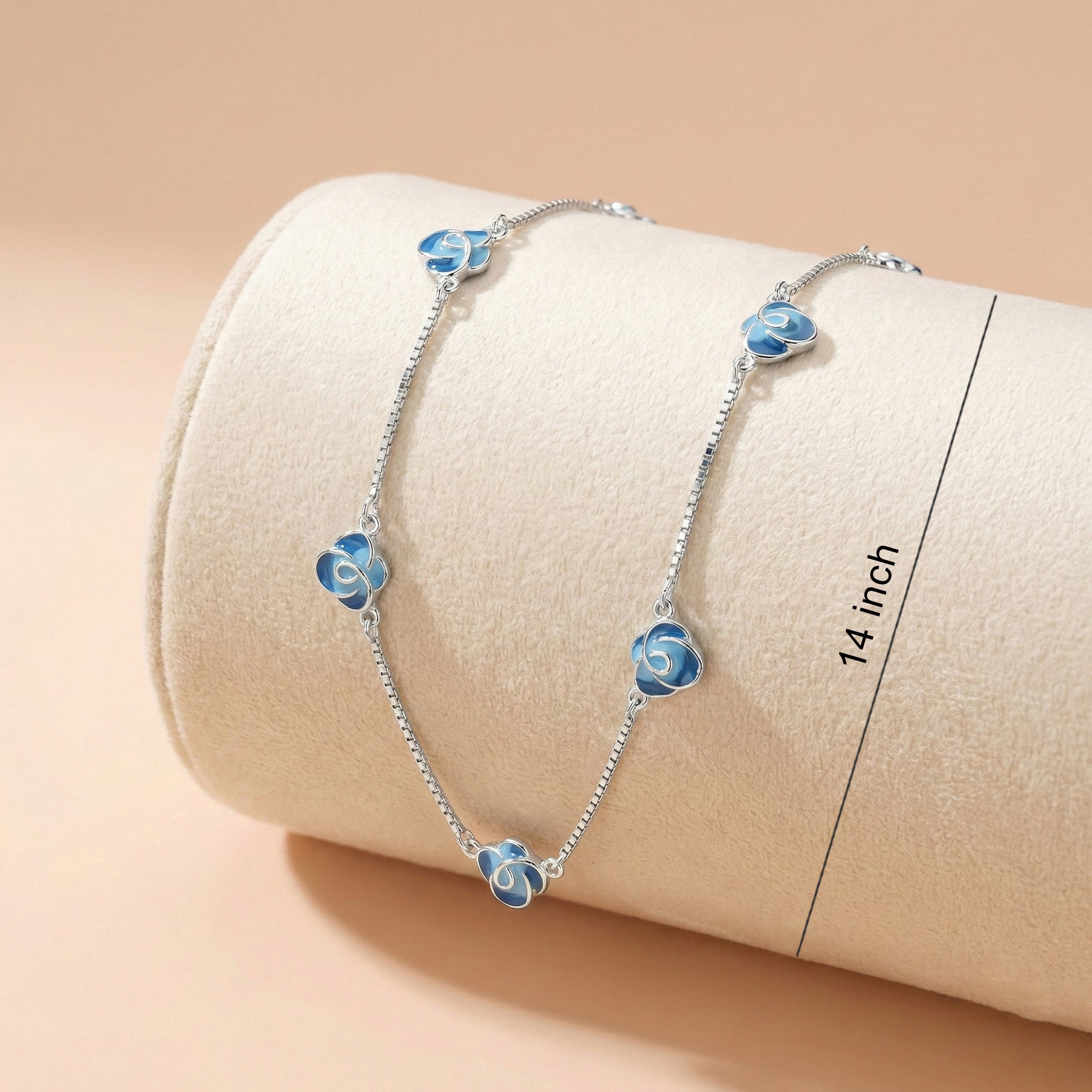 92.5 Rose Gold Blue Floral Station Charms Chain Ivanah Silver