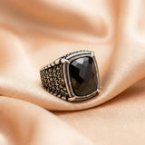 92.5 Sterling Silver Men's Statement Ring with Faceted Black Stone & Antique Fini Ivanah Silver