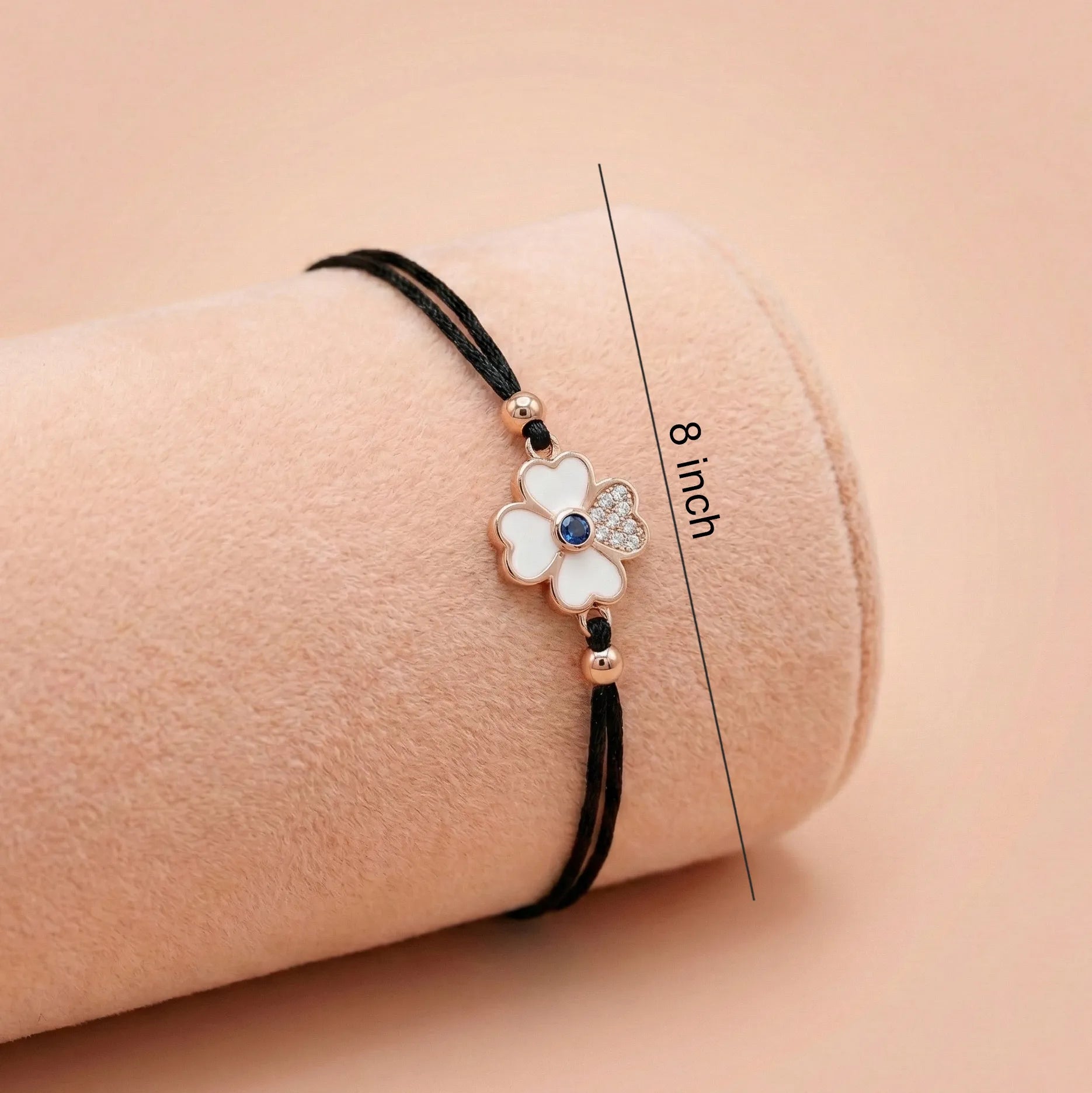 92.5 Silver Rose Gold  Black Cord Enamel Flower Bracelet Ivanah Silver