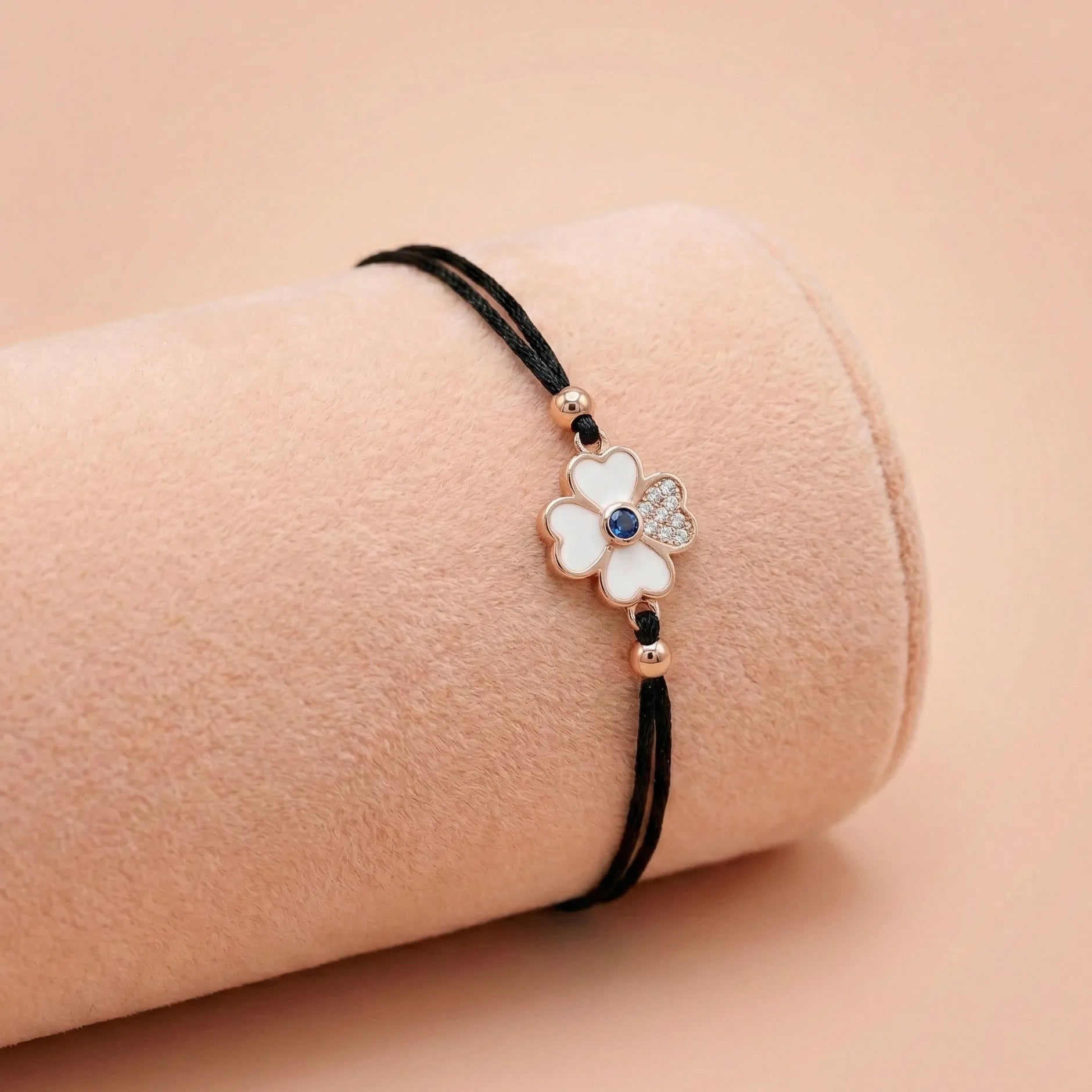 92.5 Silver Rose Gold  Black Cord Enamel Flower Bracelet Ivanah Silver