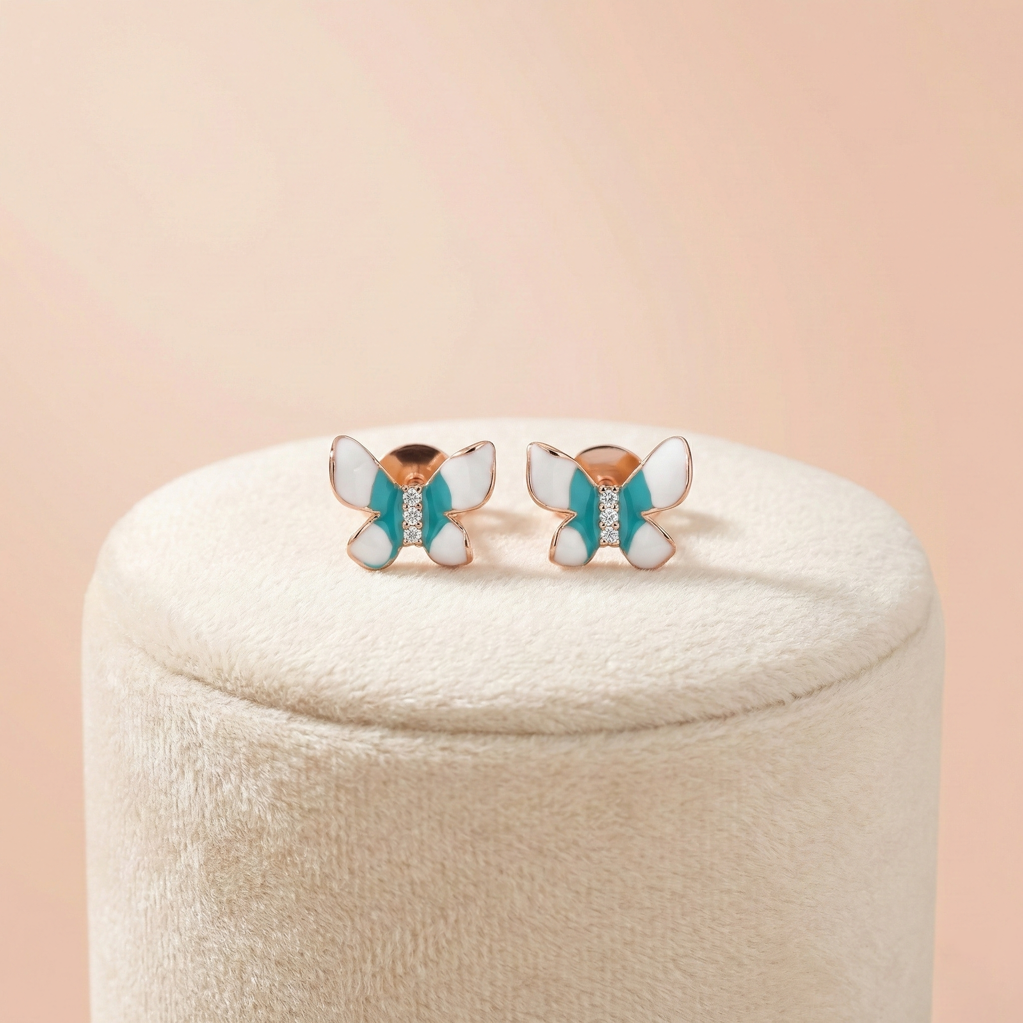 92.5 Rose Gold Silver Teal & White Enamel Butterfly Stud Ivanah Silver