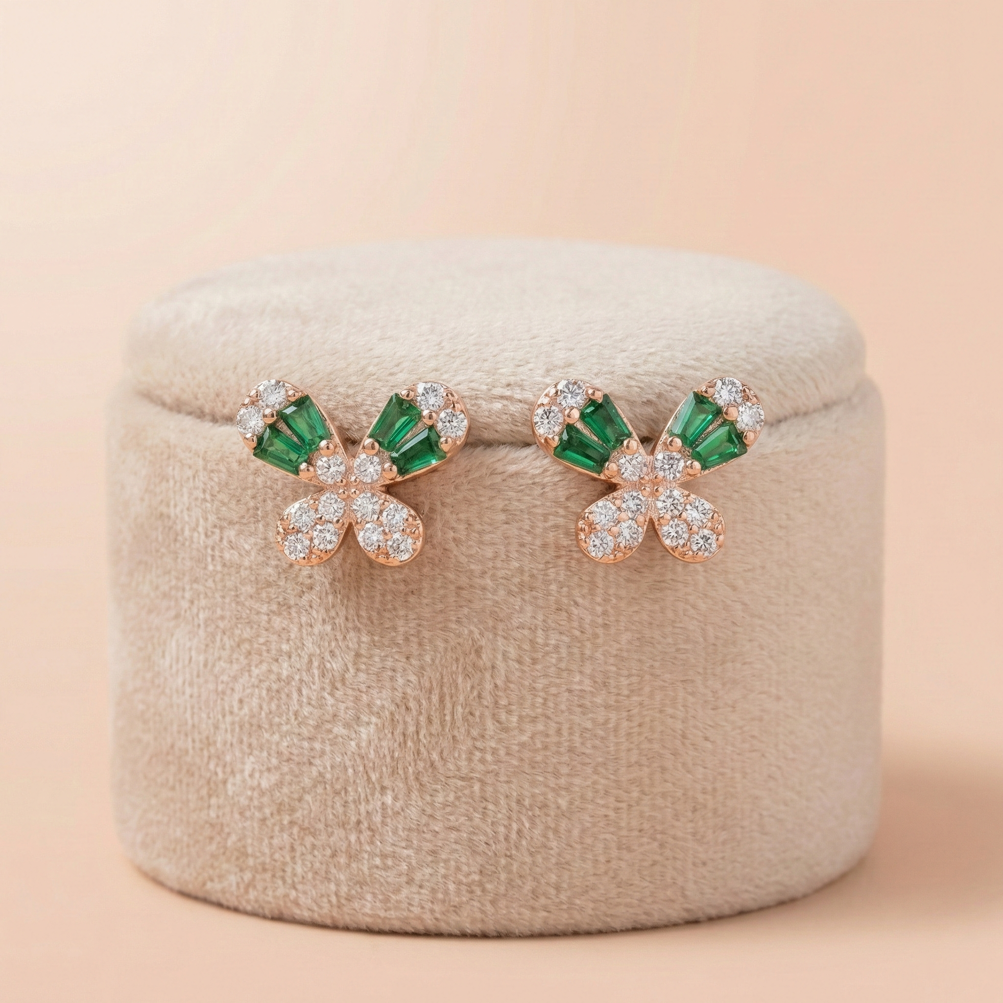 92.5 Rose Gold Silver Petite Green Baguette Butterfly Stud Ivanah Silver