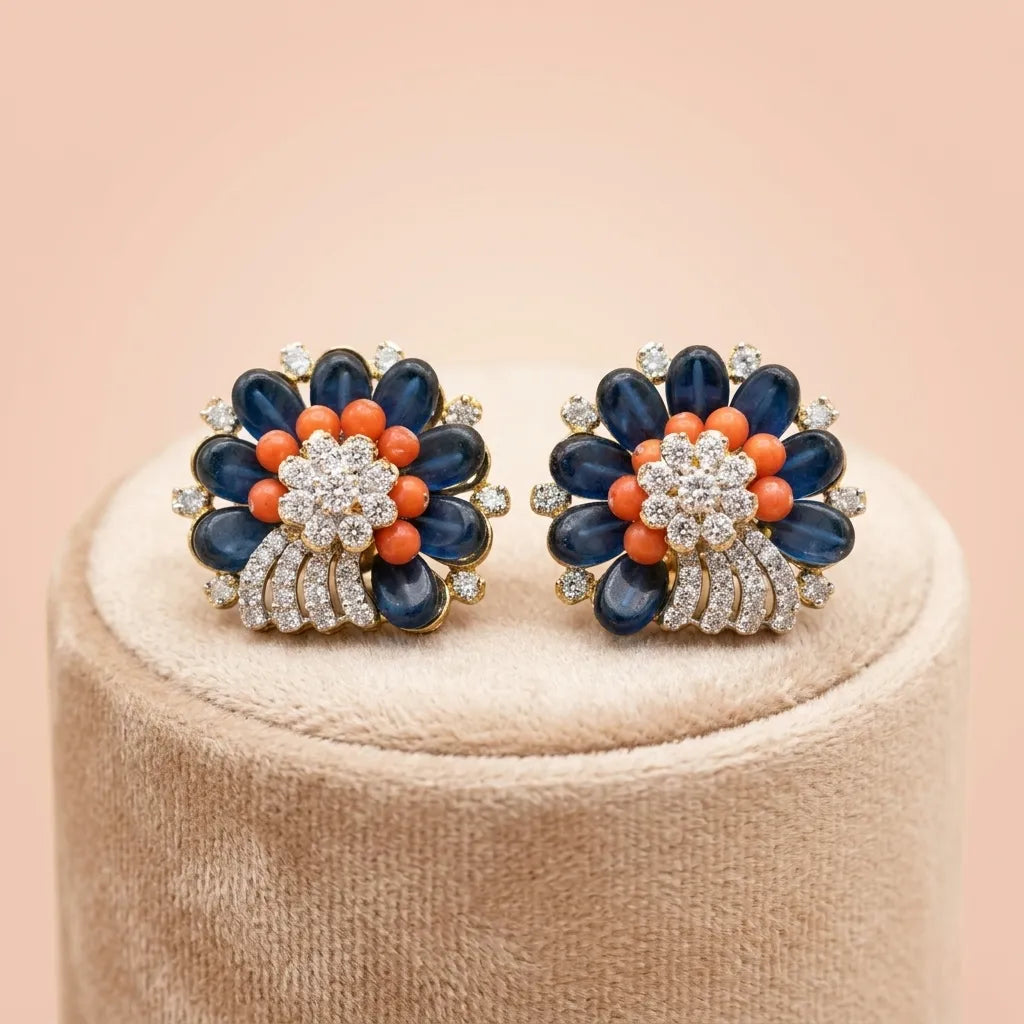 92.5 Silver Gold-Plated Blue & Coral Floral Studs Ivanah Silver