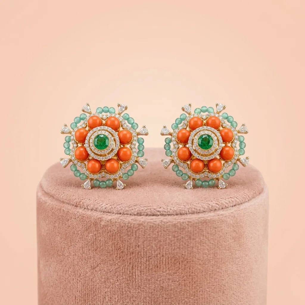 92.5 Silver Coral & Emerald Tone Beaded Stud Ivanah Silver