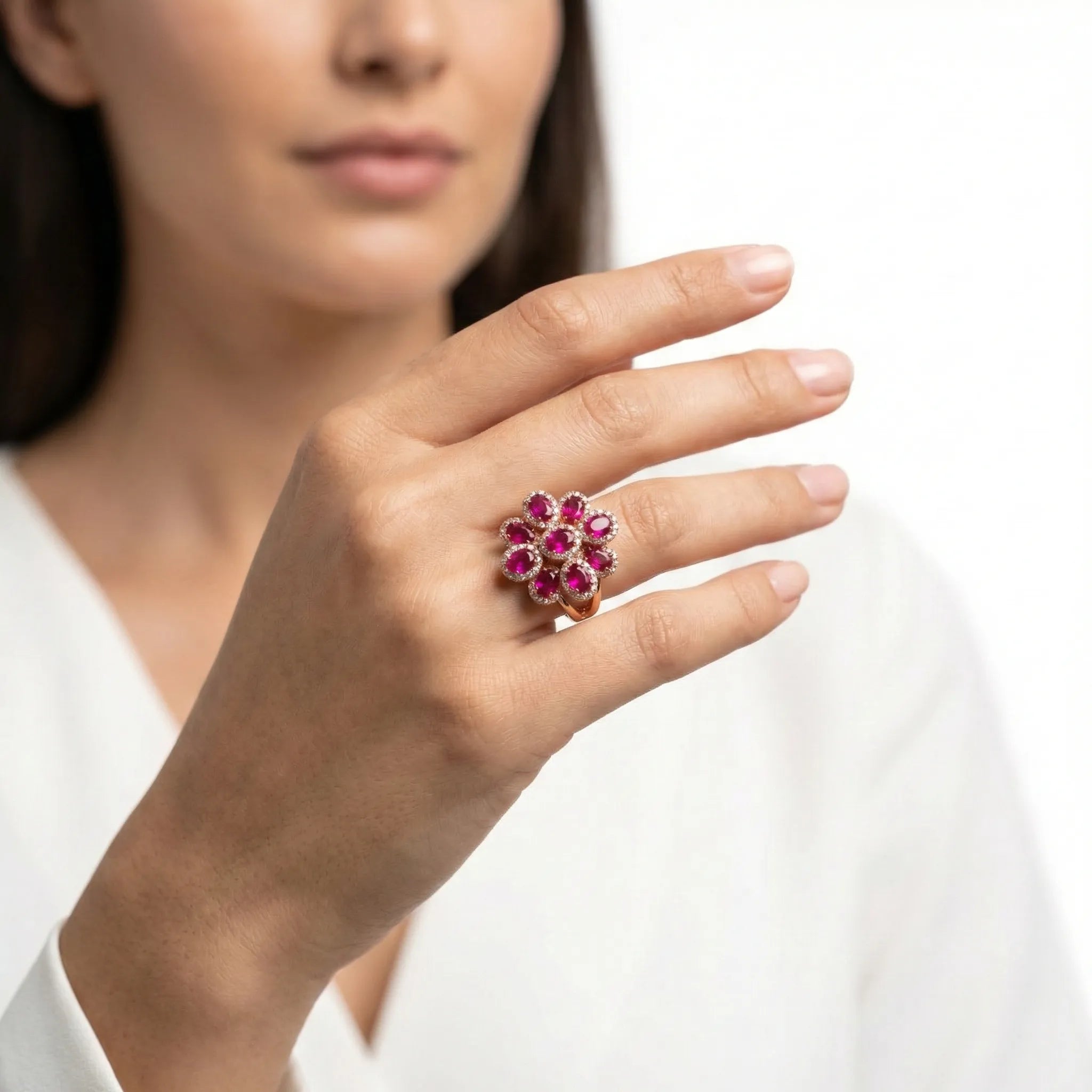 92.5 Vibrant Rose Gold Gemstone Flower with Split Band Ring Ivanah Silver