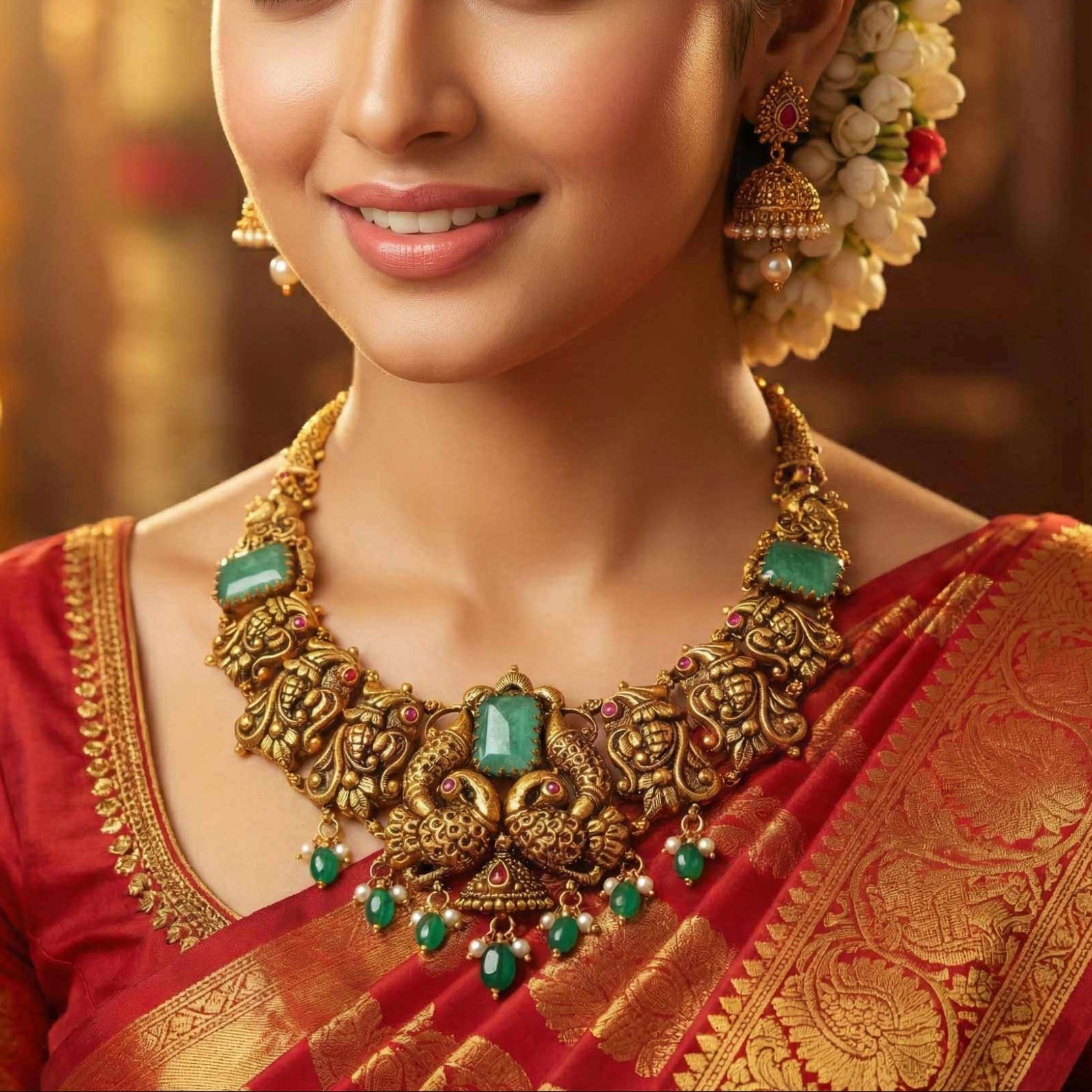 92.5 Silver  Royal Peacock Antique Necklace| Gold Plated Hasli Design with Emerald Green Stones Ivanah Silver