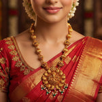 92.5 Silver Gold Plated Temple Jewellery Necklace with Ruby & Pearls Ivanah Silver