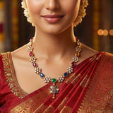 Navaratna Style 92.5 Silver Gold Plated Necklace – Floral CZ Design Ivanah Silver