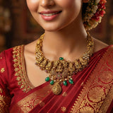 92.5 Silver Gold Plated Antique Lakshmi Necklace with Green Beads & Pearls Ivanah Silver