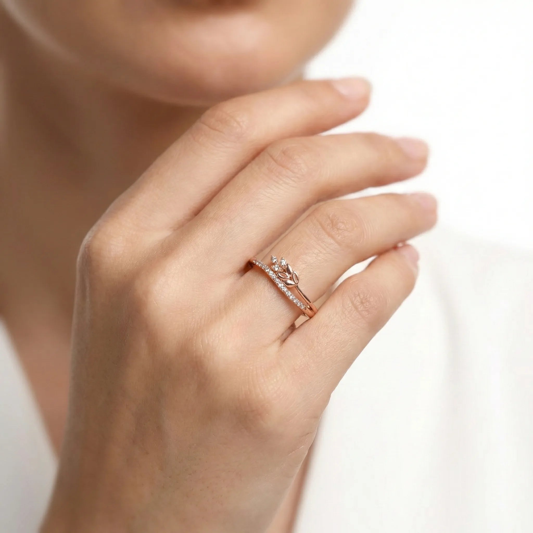 92.5 Silver Rose Gold Plated Pave Leaf Bypass Ring Ivanah Silver