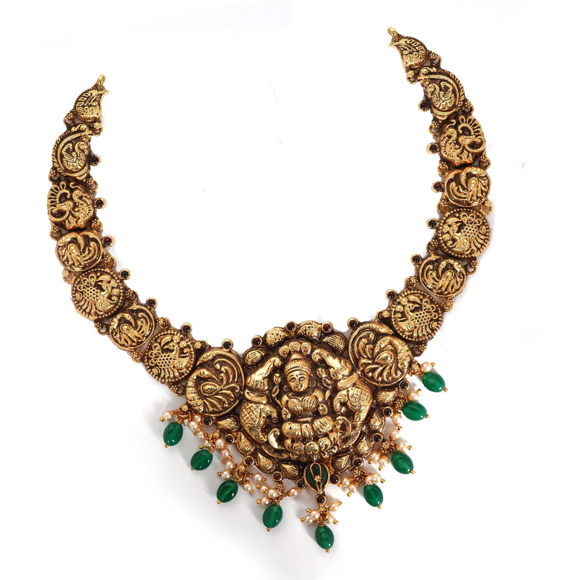 92.5 Silver Temple Necklace Gajalakshmi & Peacocks Ivanah Silver