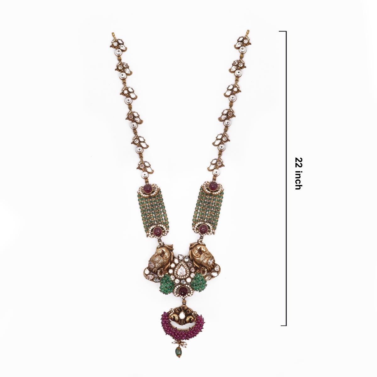 Antique Silver Long Necklace with Green Beads & White Stones Ivanah Silver