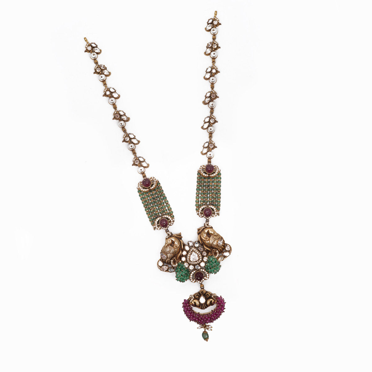 Antique Silver Long Necklace with Green Beads & White Stones Ivanah Silver