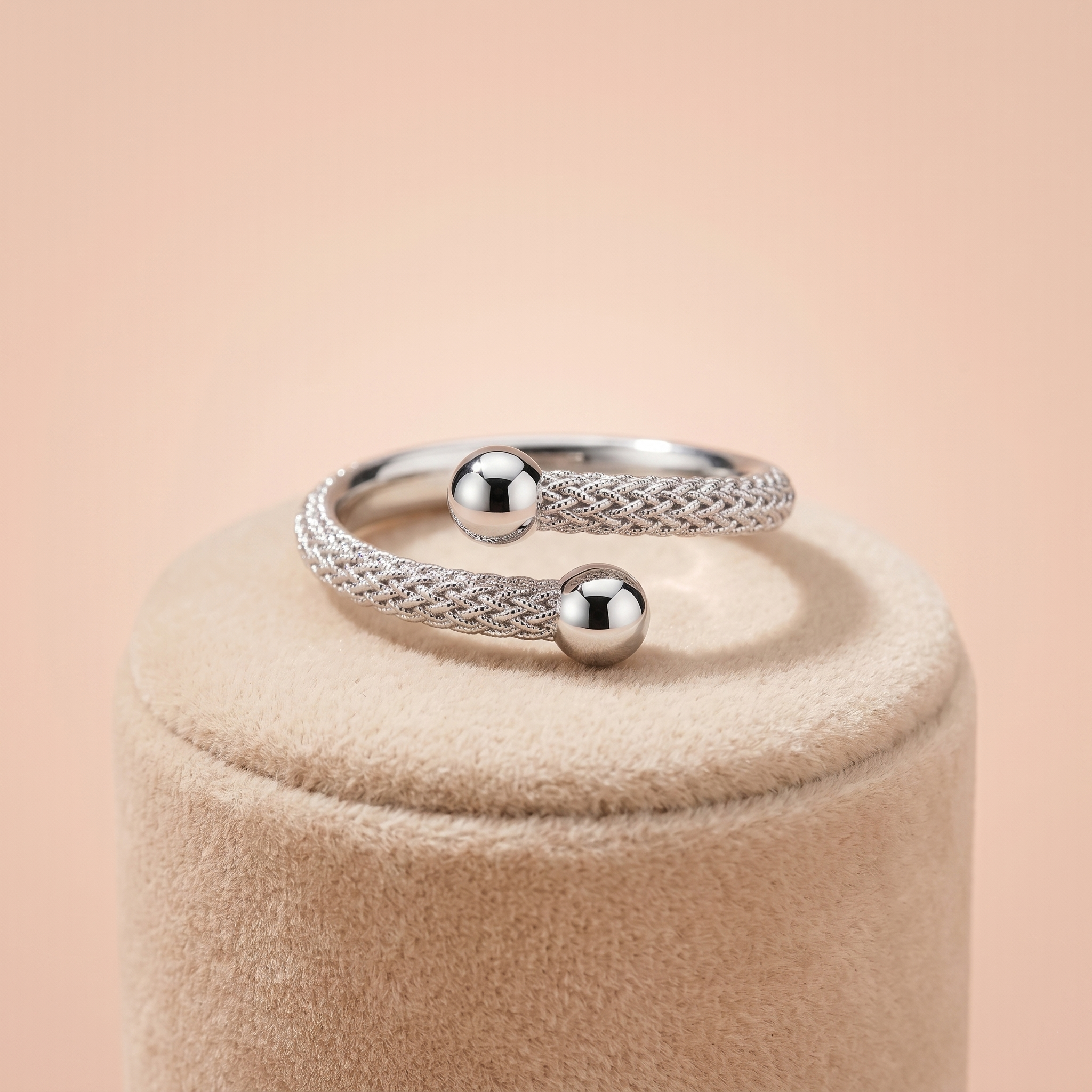 Woven Silver-Tone Bypass Ring with Polished Sphere Ends Ivanah Silver